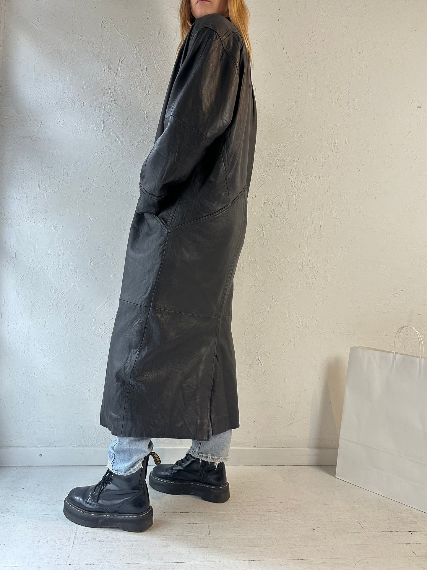 90s Black Leather Coat / Small