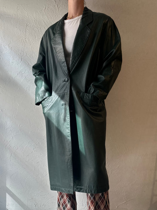 90s 'Charles Klein' Green Leather Coat / Medium