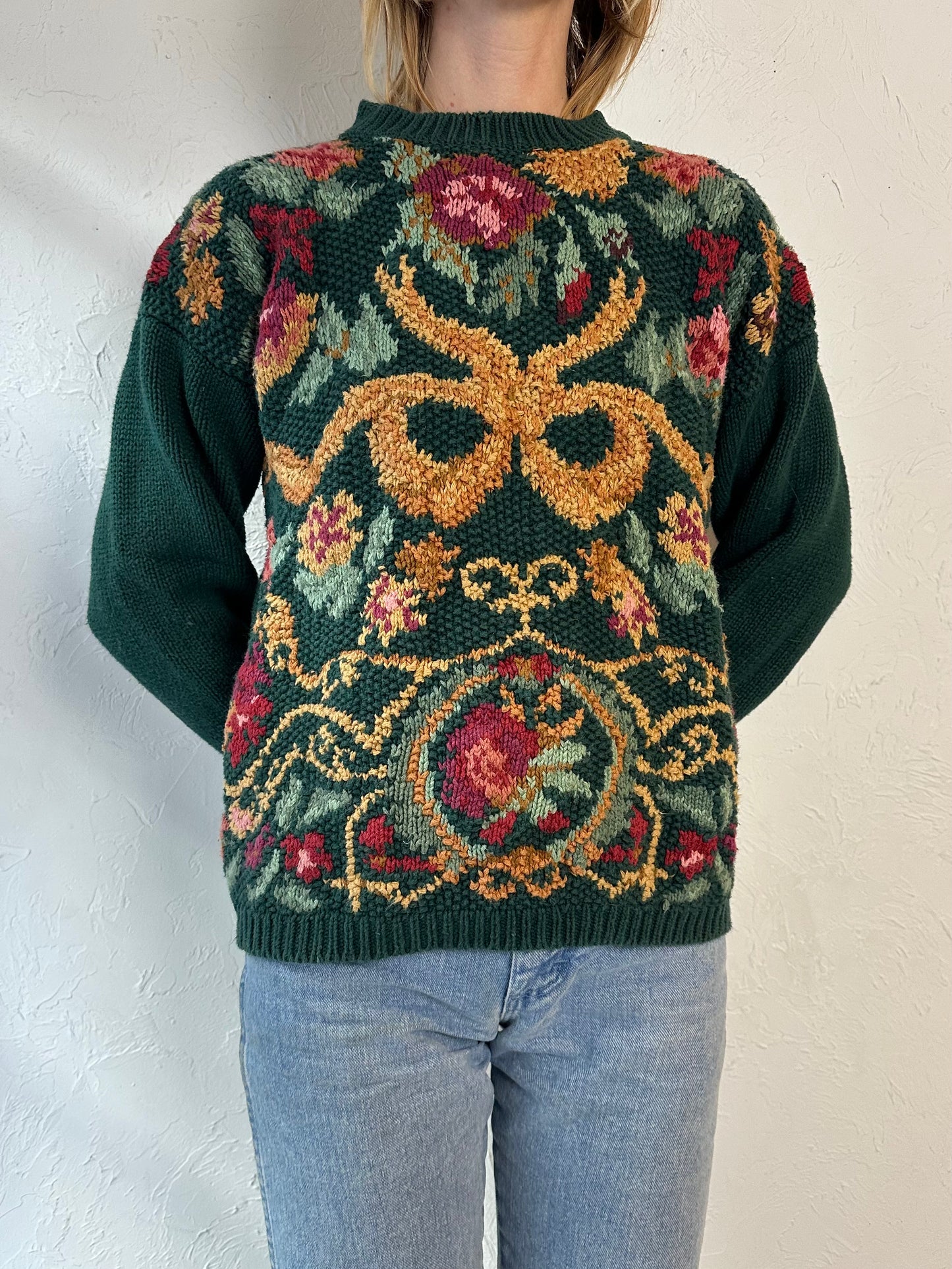 Y2K 'Rachel Max' Green Floral Knit Sweater / Medium
