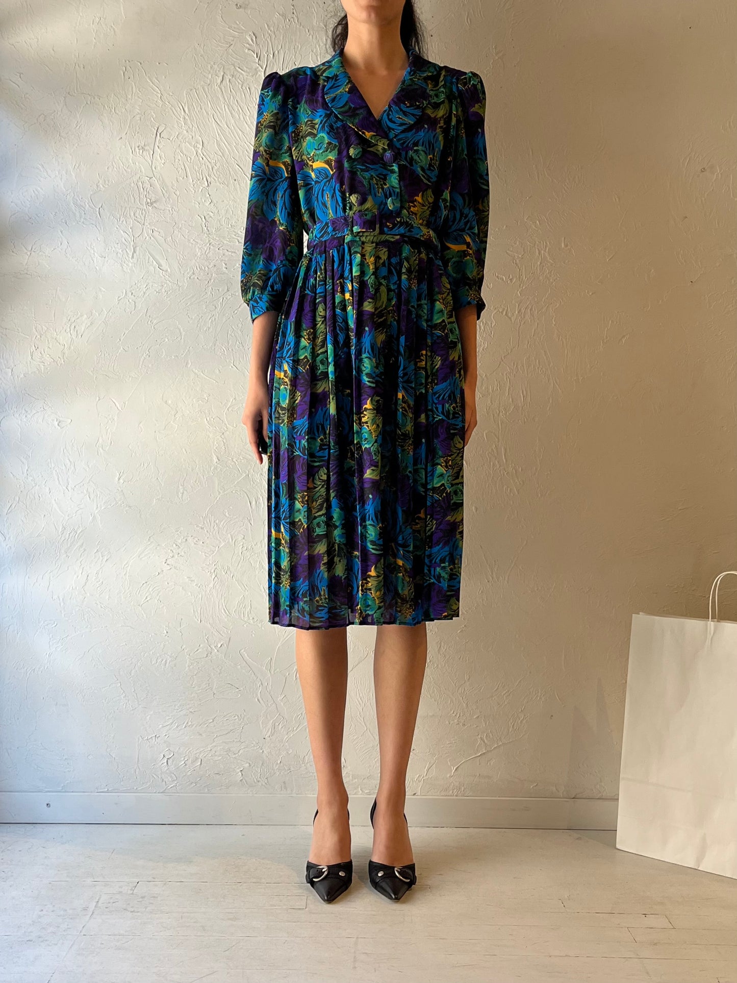 80s ‘Leslie Belle’ Blue Long Sleeve Midi Dress / Medium