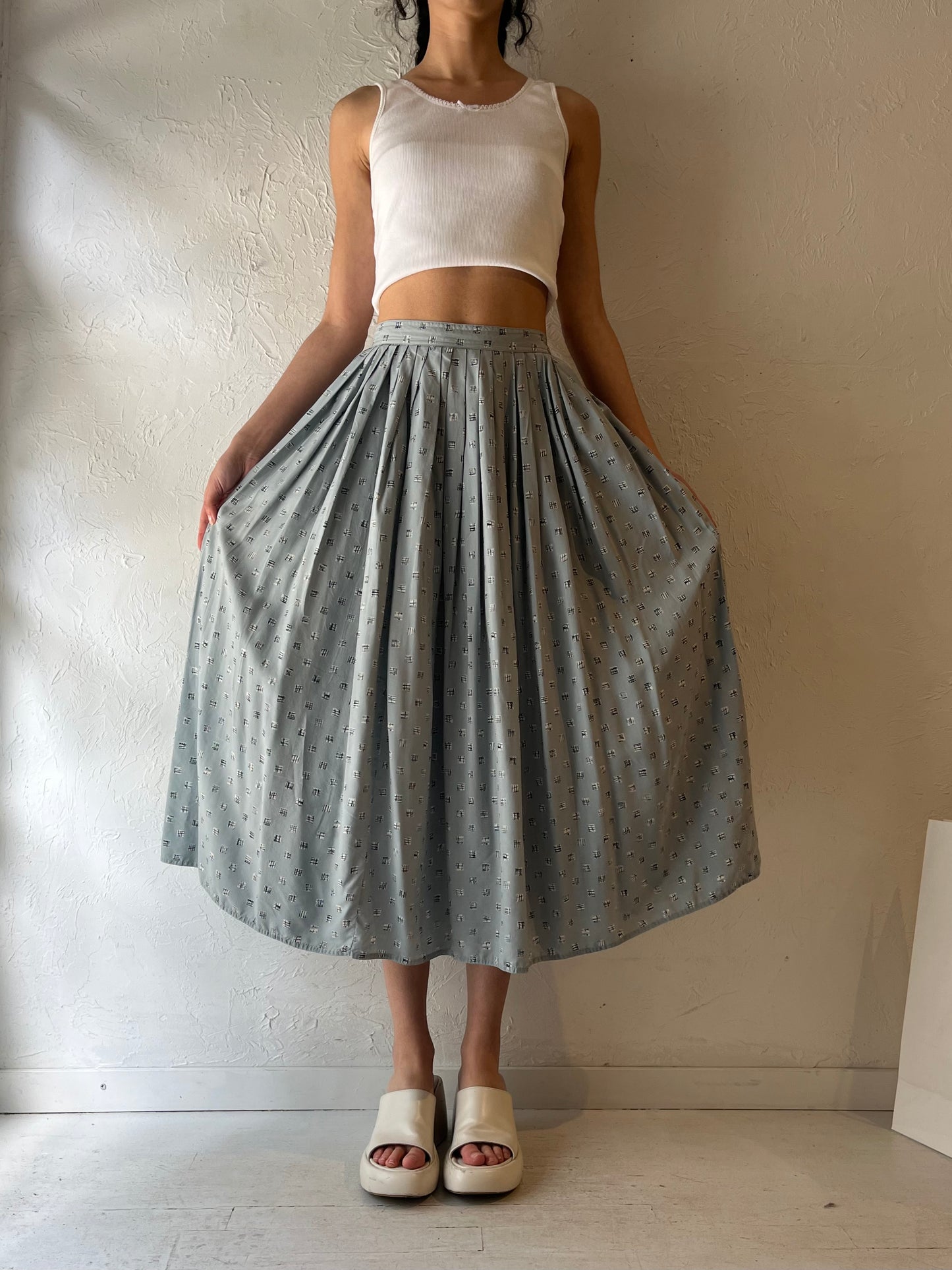 90s Gray Patterned Silk Pleated Hight Waisted Skirt / Small