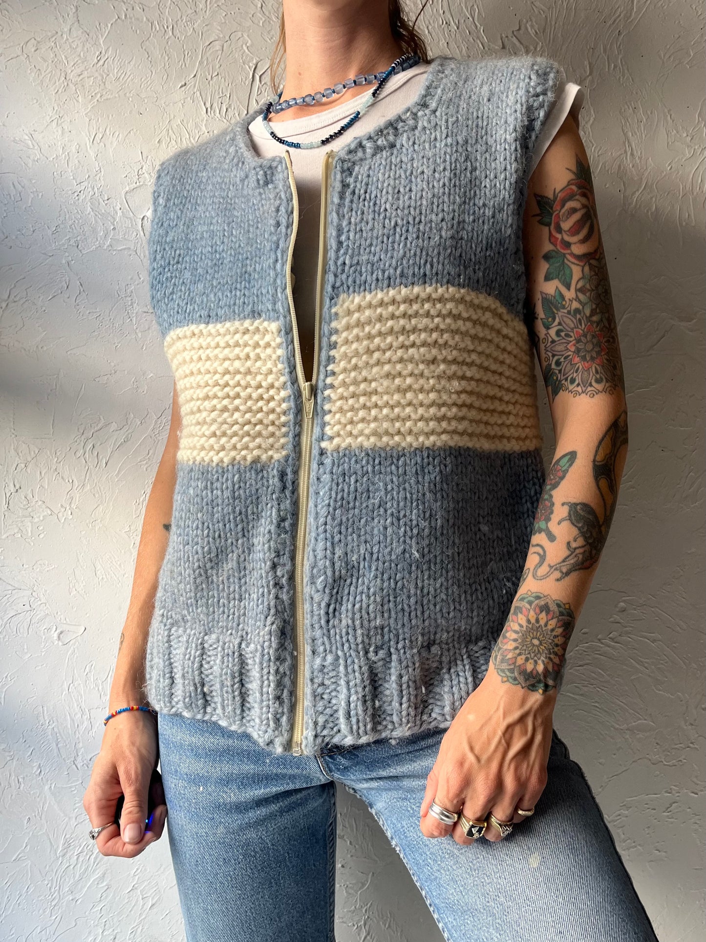 Handknit Blue & White Color Blocked Wool Cottagecore Sweater Vest / Medium