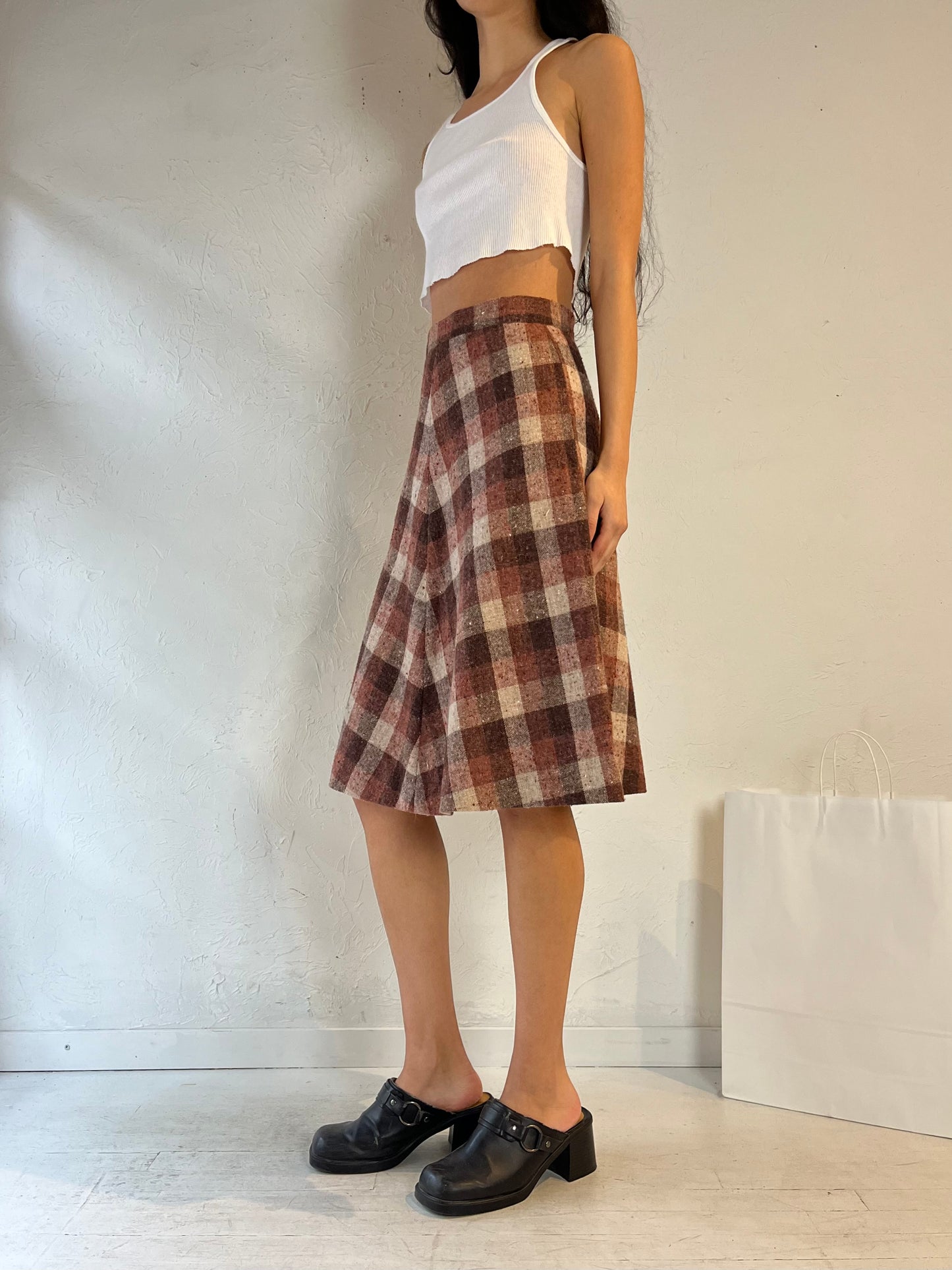 Vintage Handmade Plaid Wool Midi Skirt / XS