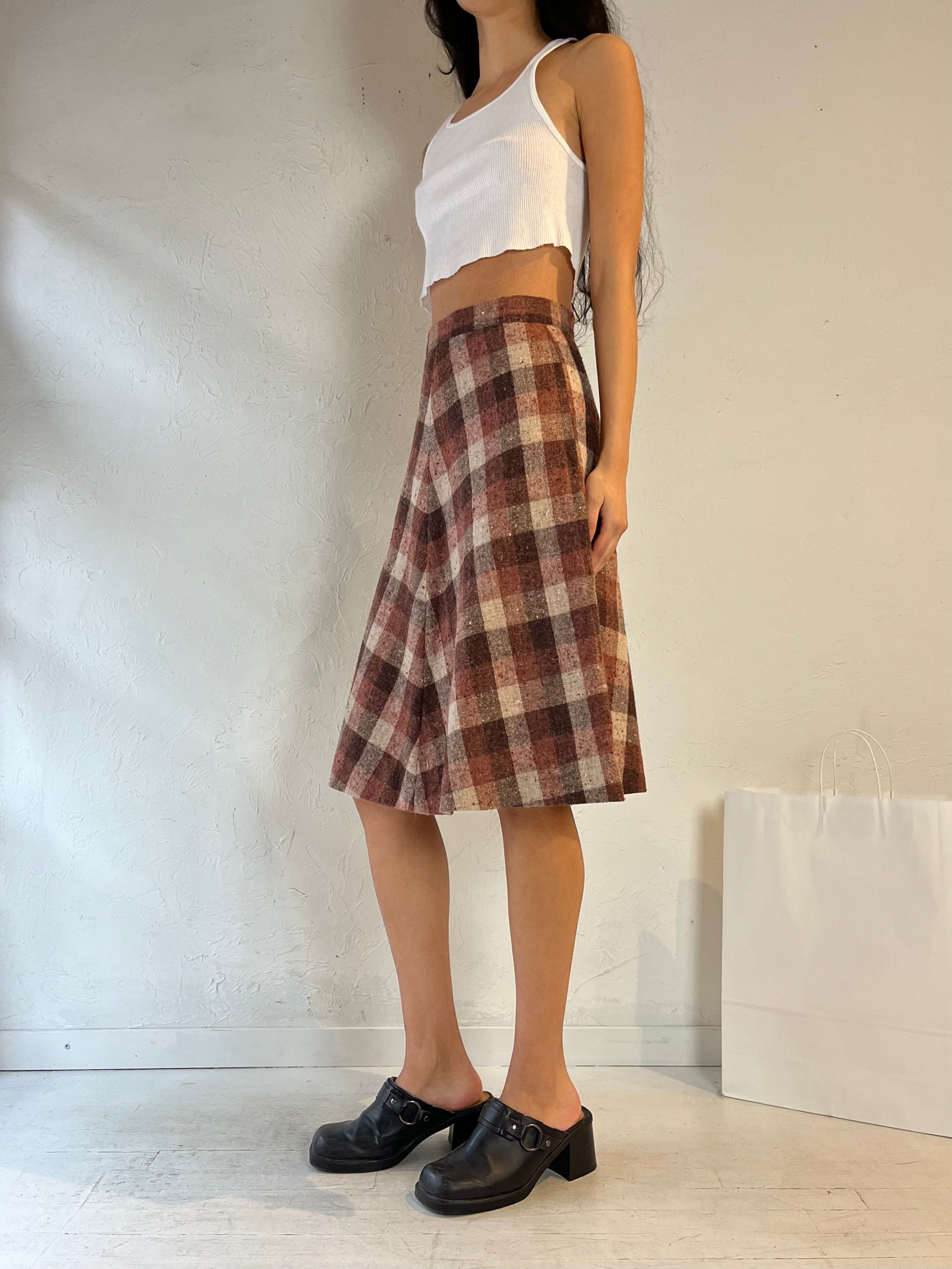 Vintage Handmade Plaid Wool Midi Skirt / XS