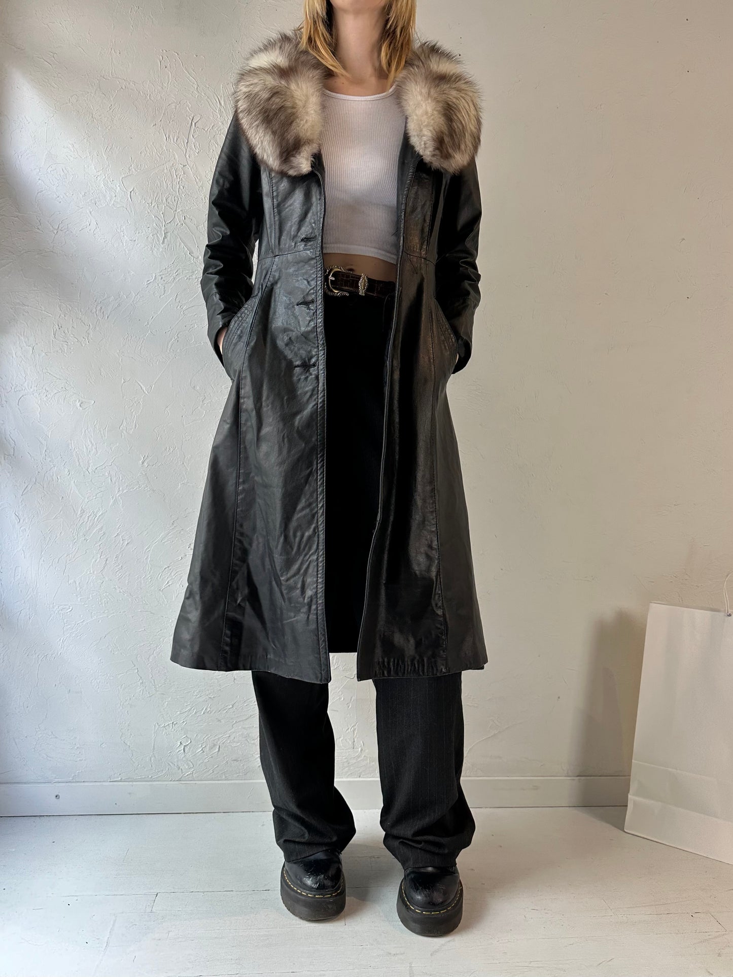 Vintage 'Cosa Nova' Black Leather Coat with Fur Collar / Small