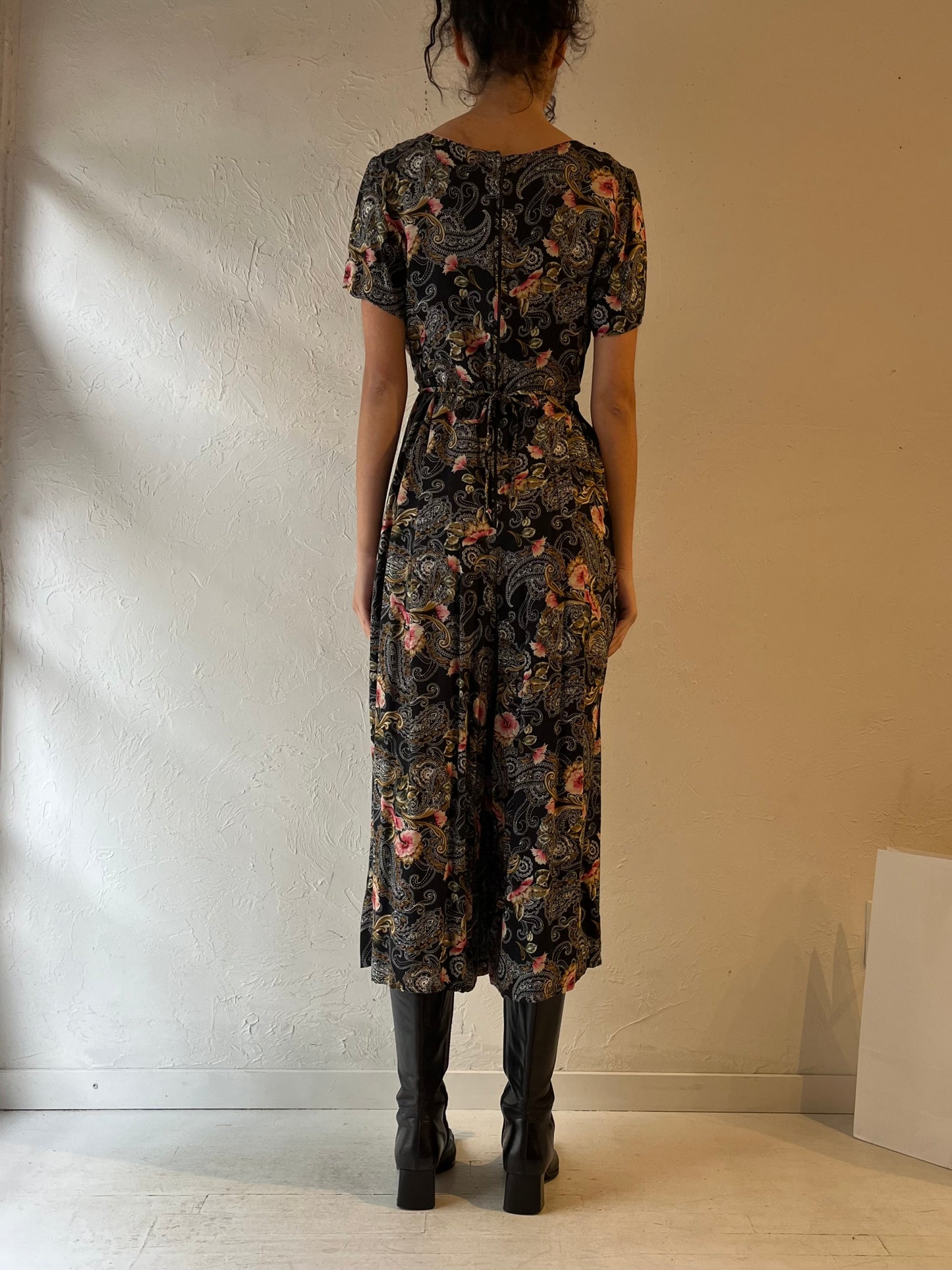 Vintage Handmade Black Paisley Floral Jumpsuit / Small
