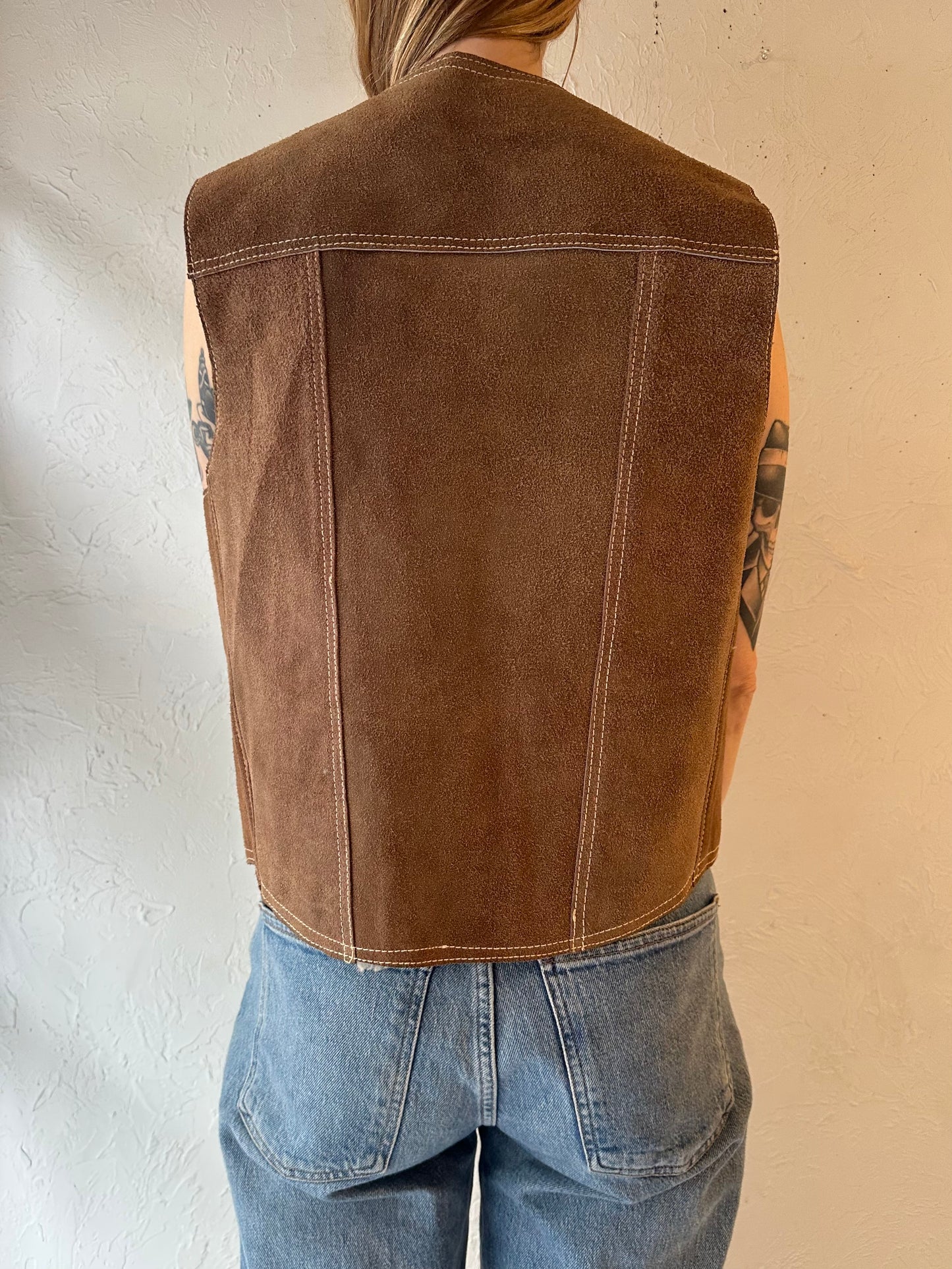 70s Beige Suede Leather Shearling Lined Vest / Medium