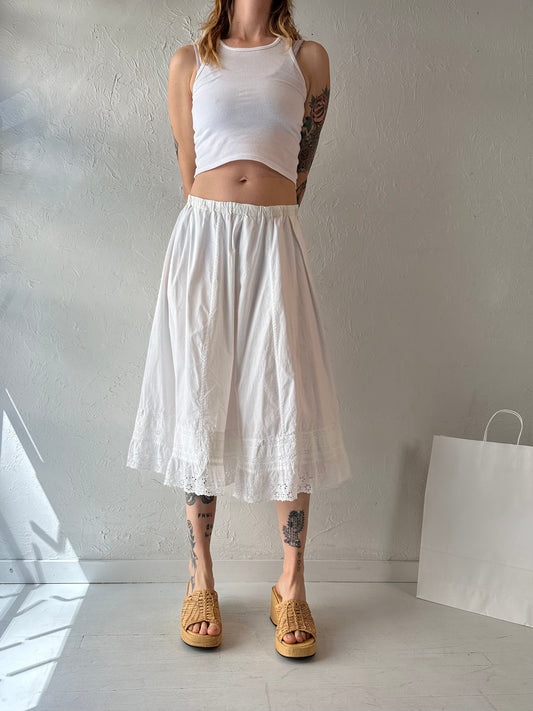 Vintage Handmade White Cotton Midi Skirt / Medium