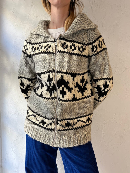 Vintage Hand Knit Wool Zip Up Sweater / Small