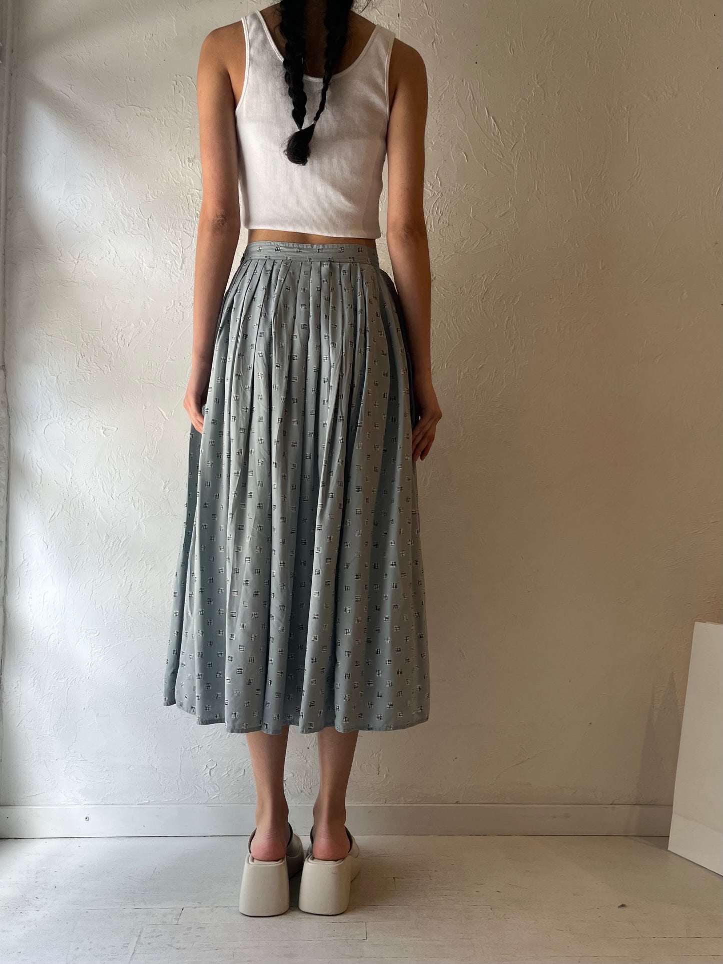 90s Gray Patterned Silk Pleated Hight Waisted Skirt / Small