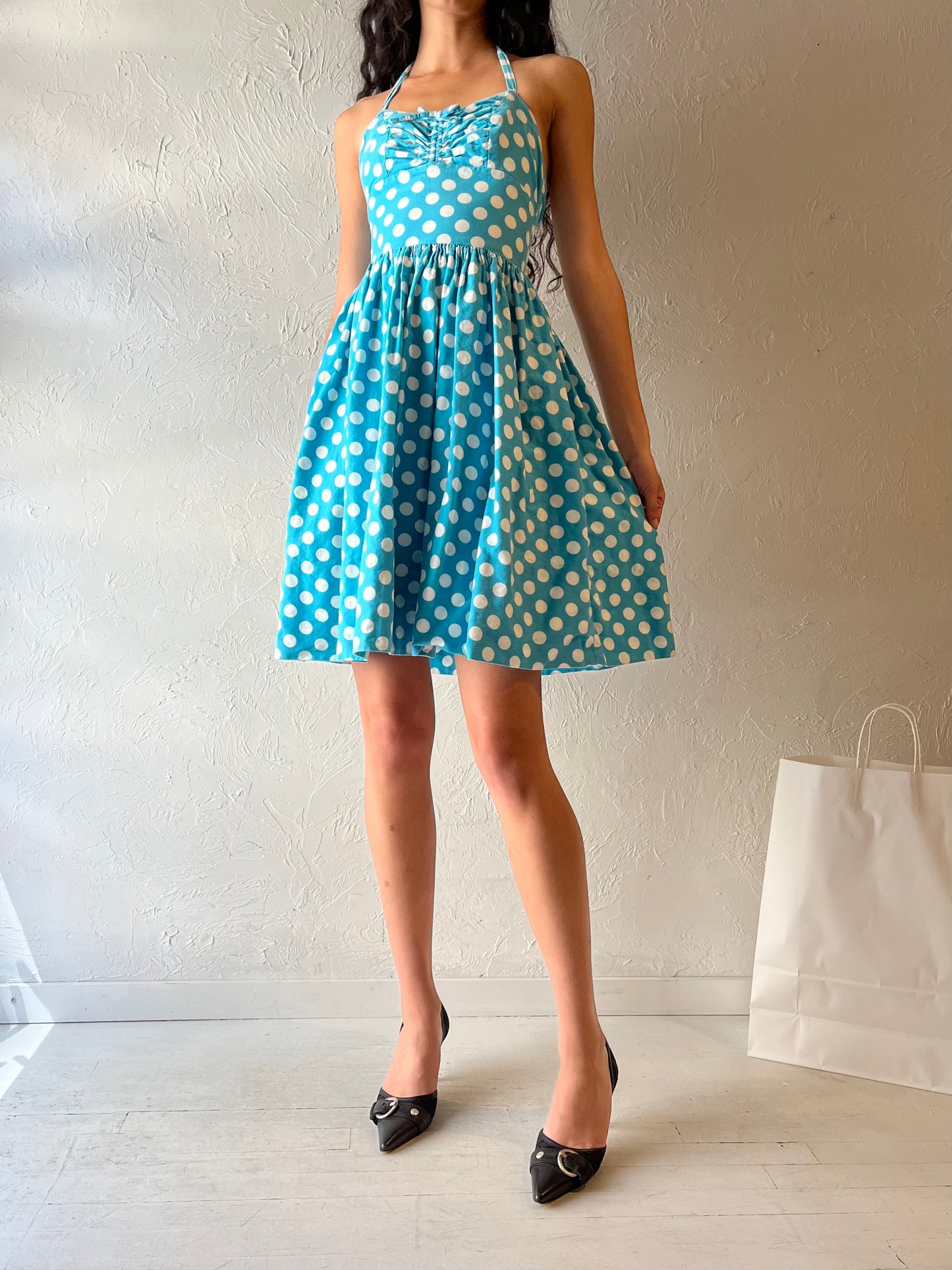 80s Blue Polka Dot Pin Up Dress / XSmall