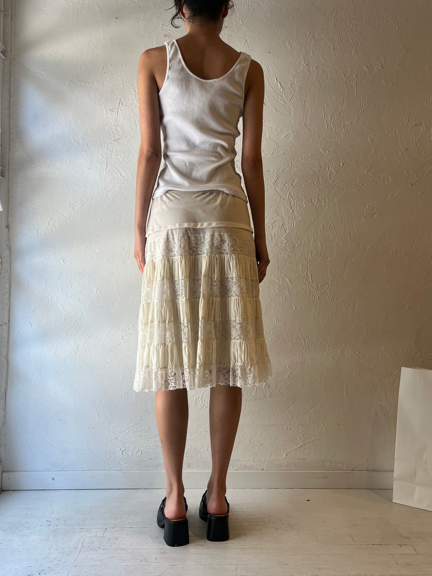 90s 'Colony Club' White Tiered Lace Midi Skirt / Medium