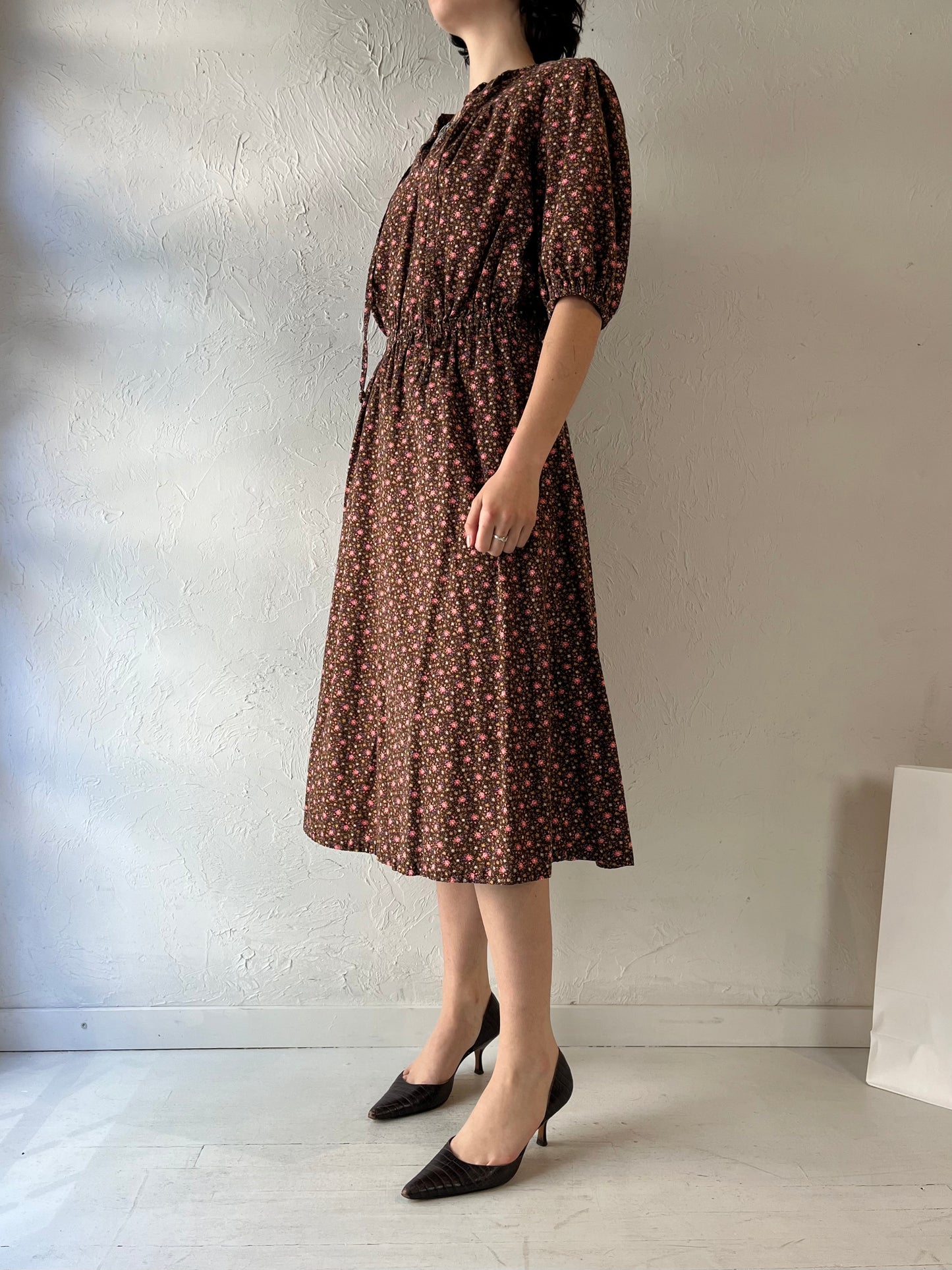 90s Handmade Brown Floral Print Midi Dress / Medium