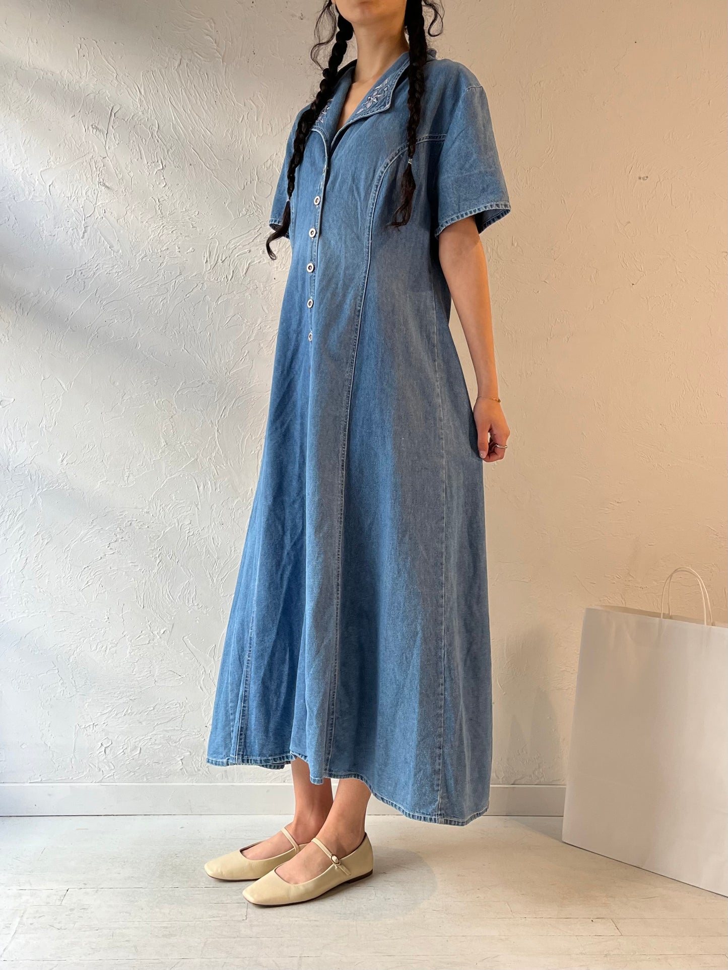 90s ‘Tickets’ Embroidered Denim Dress / Large