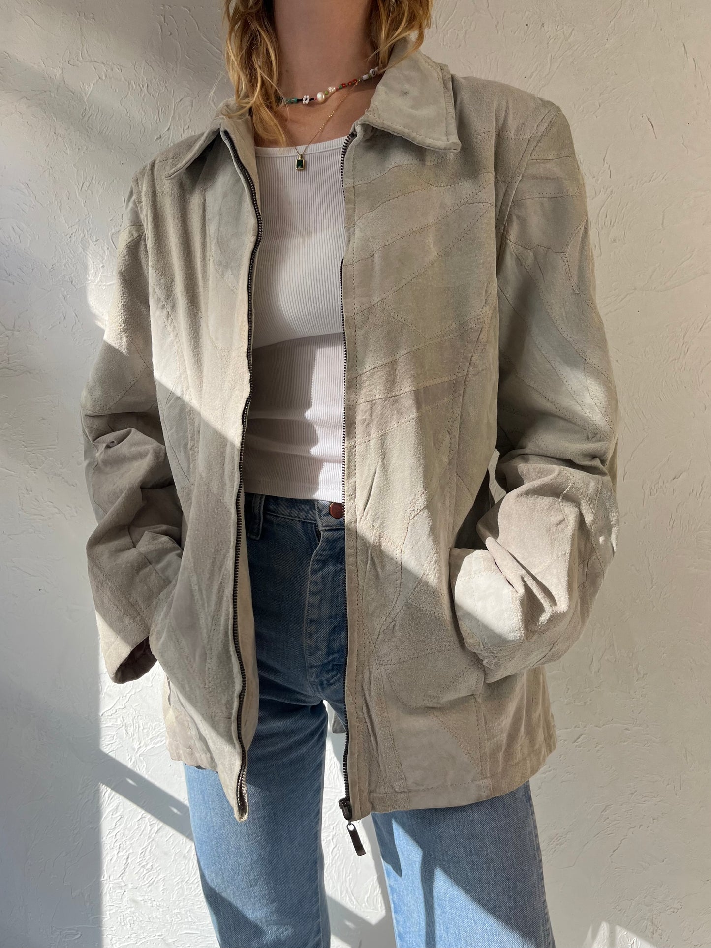 Y2K 'Leather Works' Cream Patchwork Suede Jacket / Large