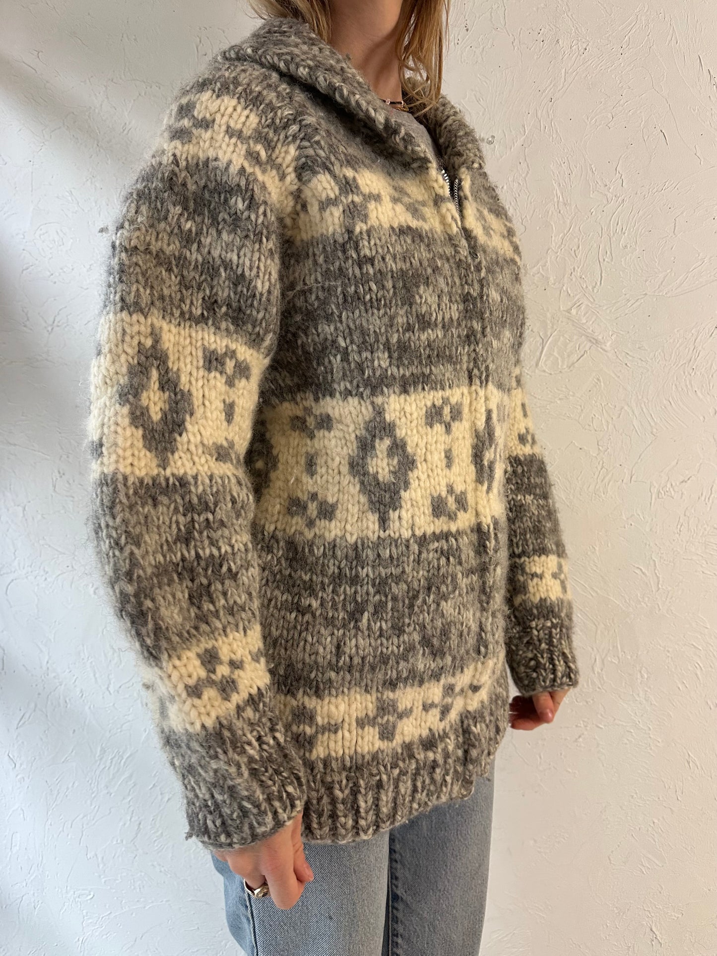 Vintage Hand Knit Gray Wool Zip Up Sweater / Medium