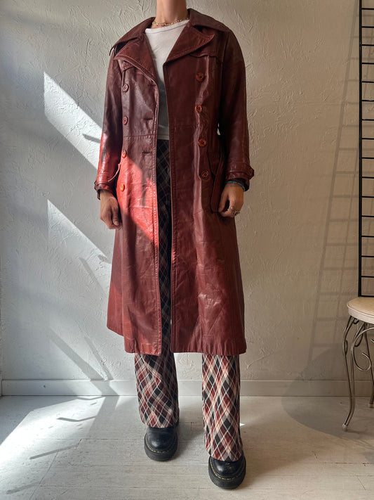 Vintage Burgundy Leather Trench Coat / Medium