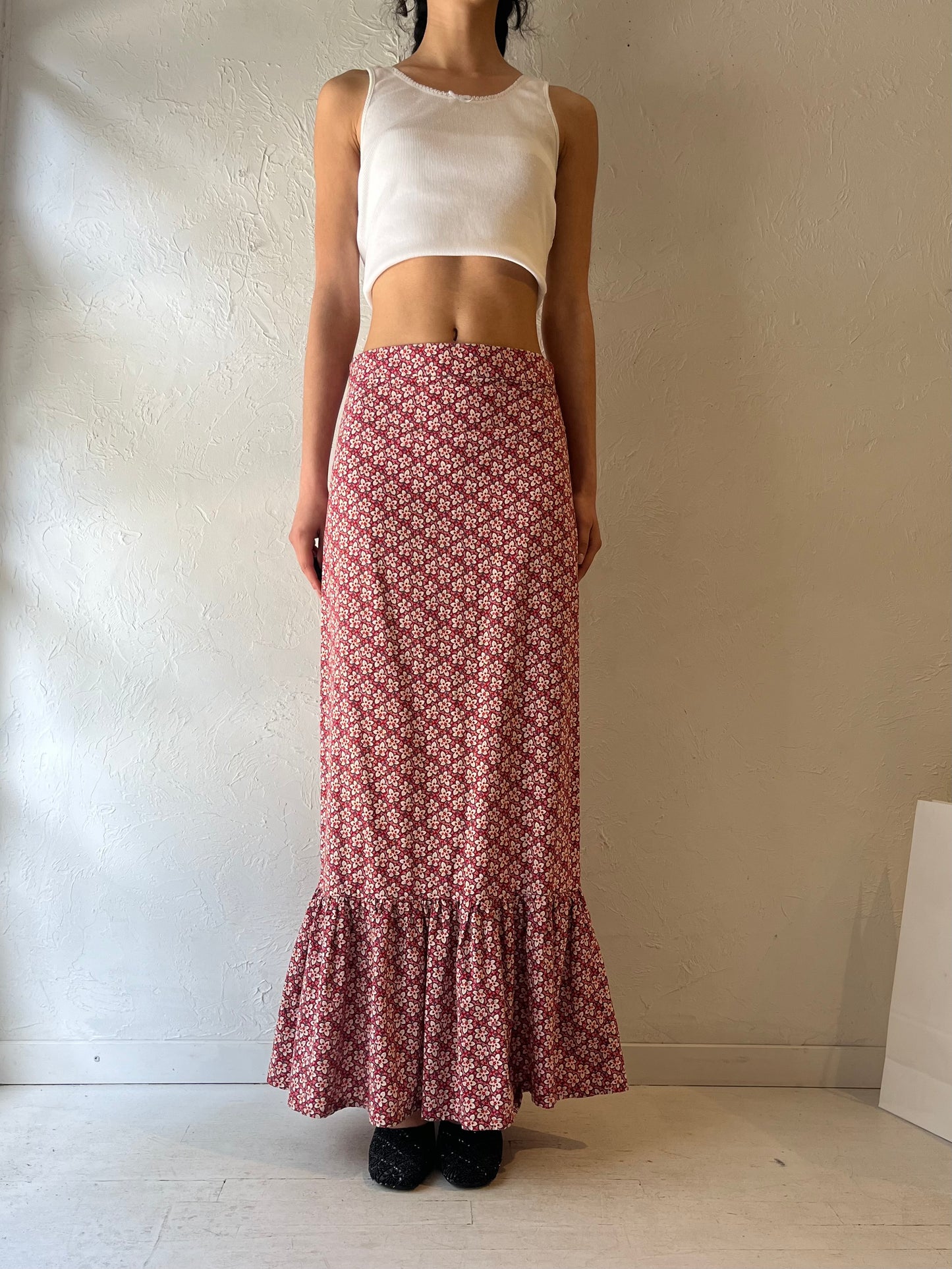 Vintage Handmade Red Floral Print Maxi Skirt / Medium
