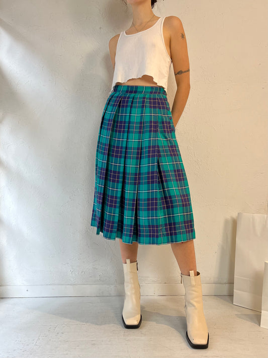 80s 'The Villagers' Teal Plaid Pleated Skirt / Small