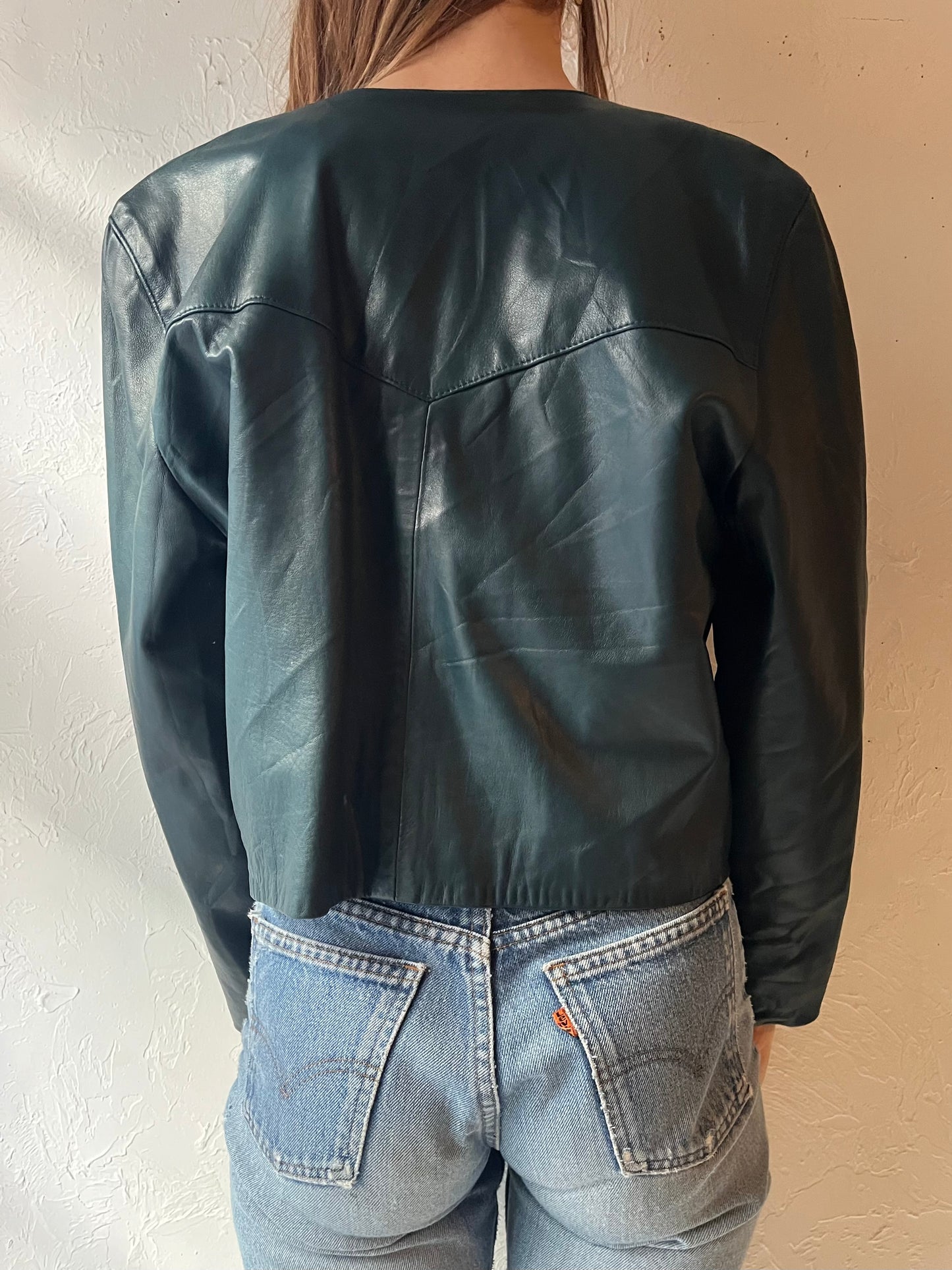 90s ‘Lanna’ Cropped Green Leather Jacket / Small
