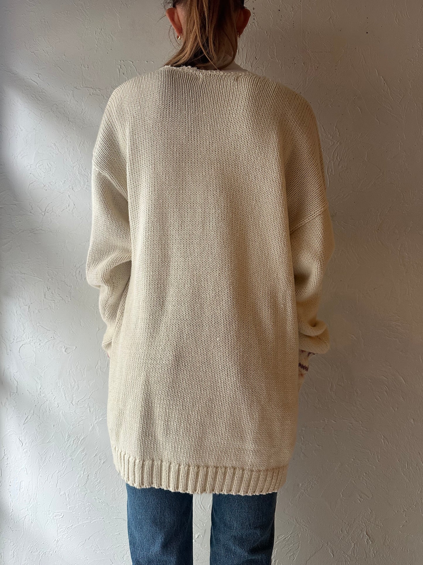 90s 'Woodland' White Floral Knit Sweater / Small