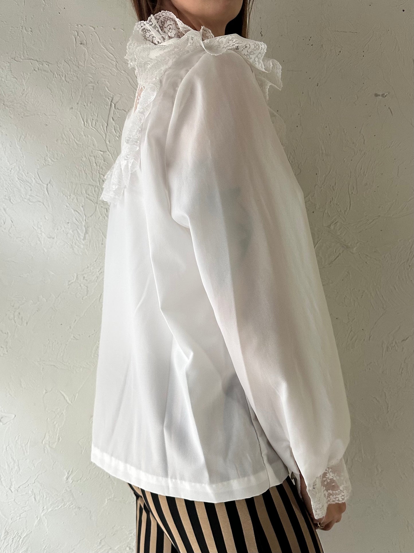 70s White Ruffle Lace Prairie Blouse / Medium