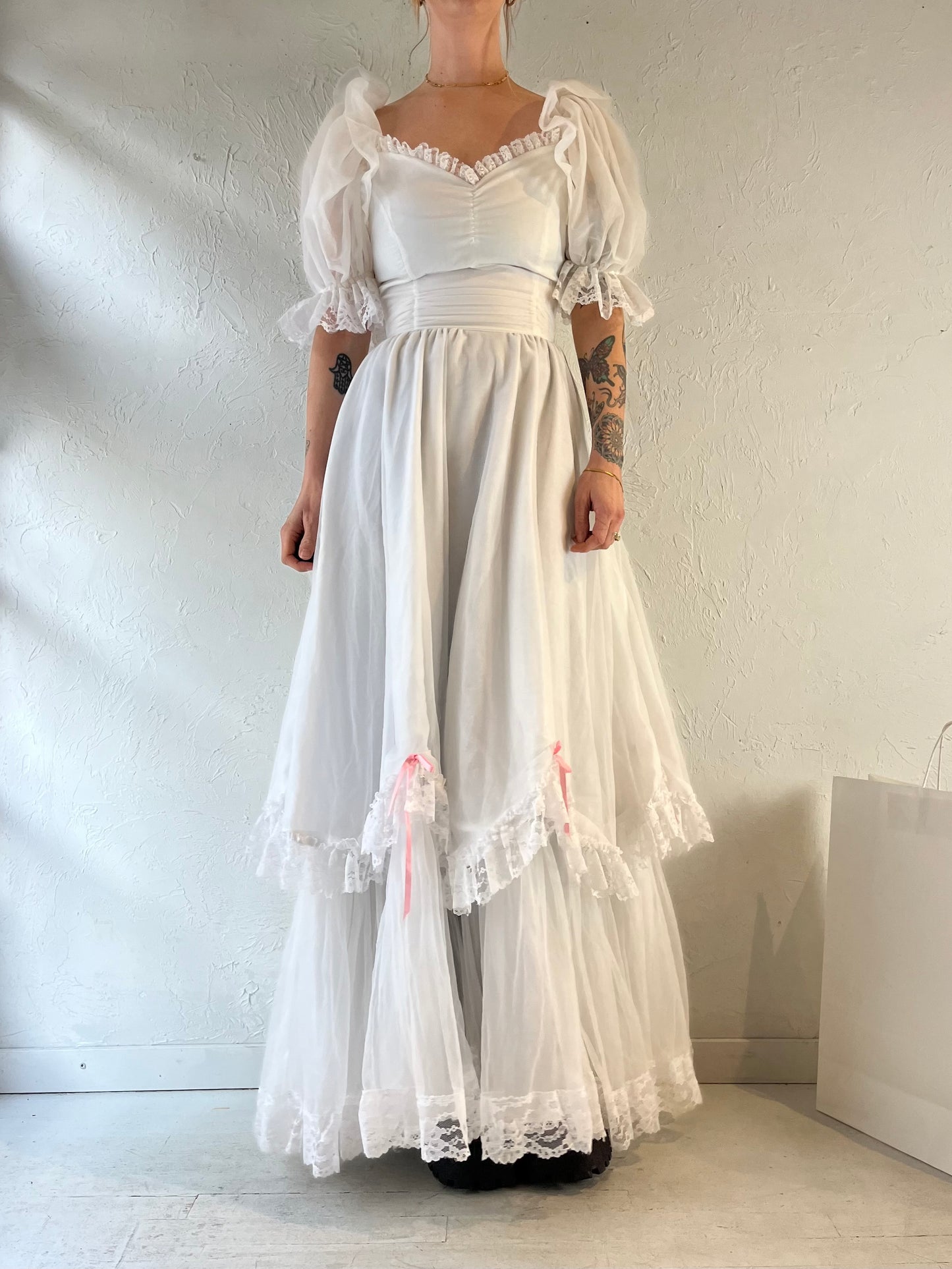70s White Puff Sleeve Romantic Maxi Dress / Small