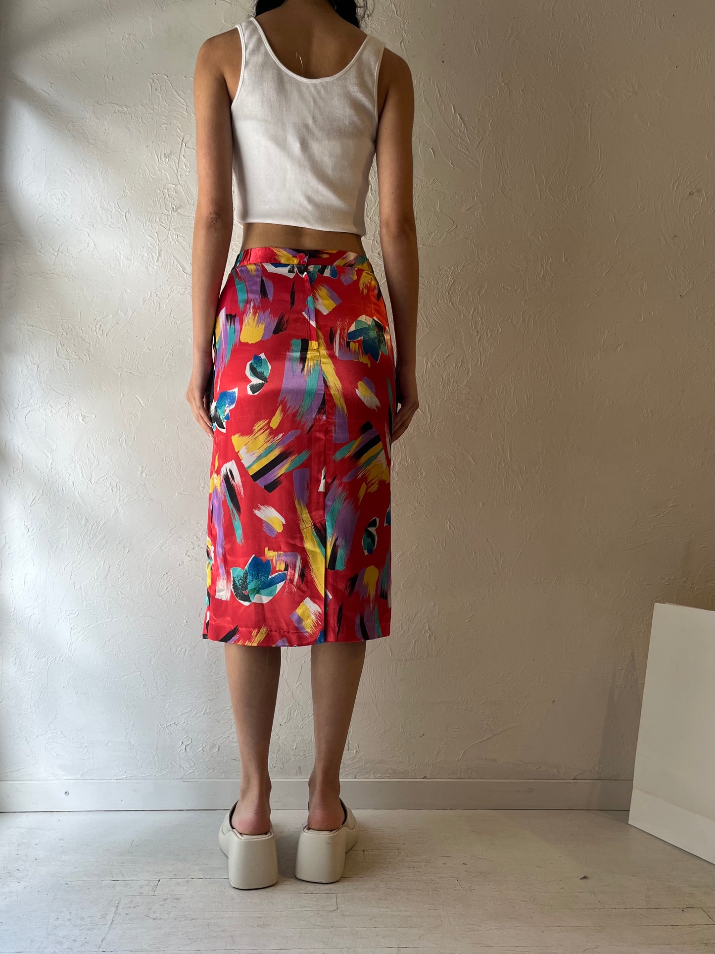 80s ‘Vivian’ Red Patterned High Waisted Midi Skirt / Small