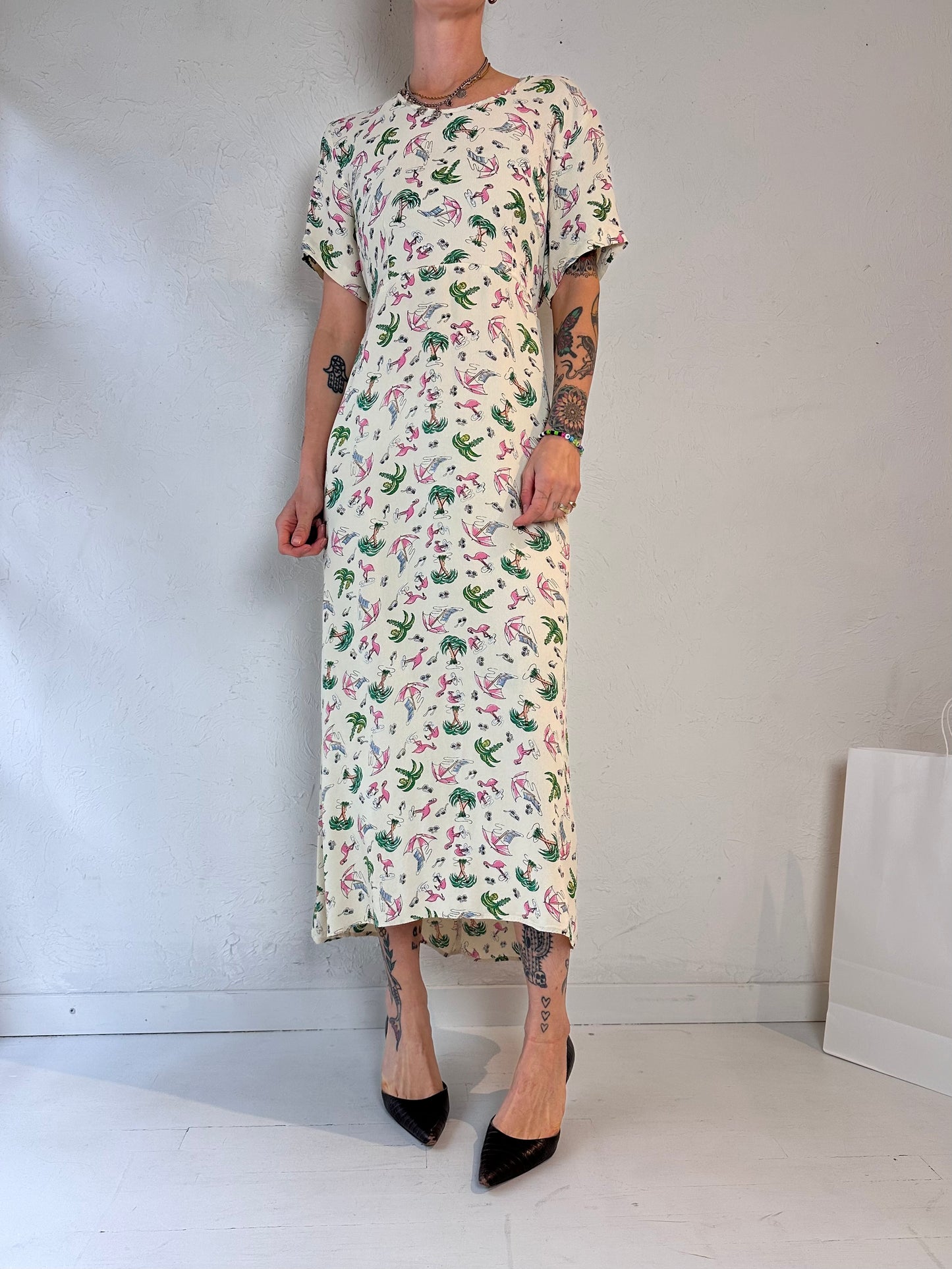 90s 'Kamellia' Flamingo Print Dress / Medium