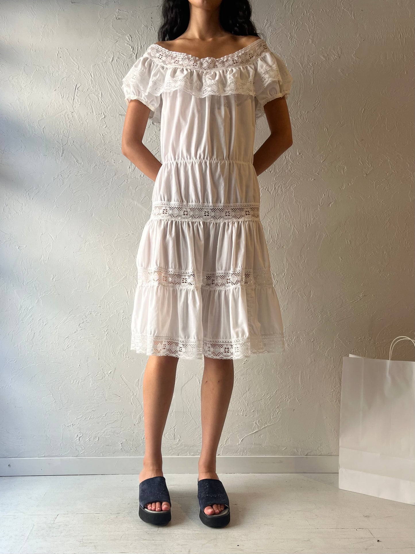 80s 'Telamex' White Tiered Prairie Dress / Small