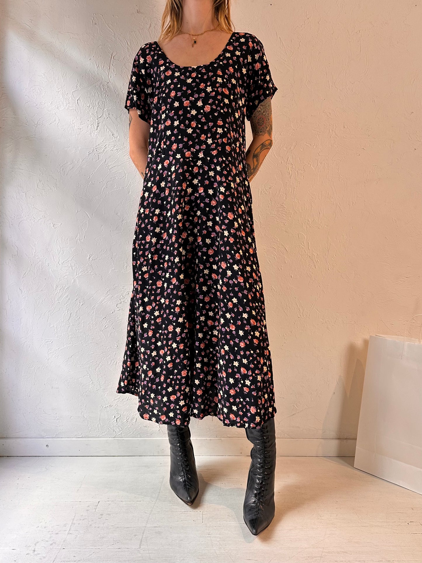 90s 'Rabbit Jr' Black Floral Print Maxi Dress / Large