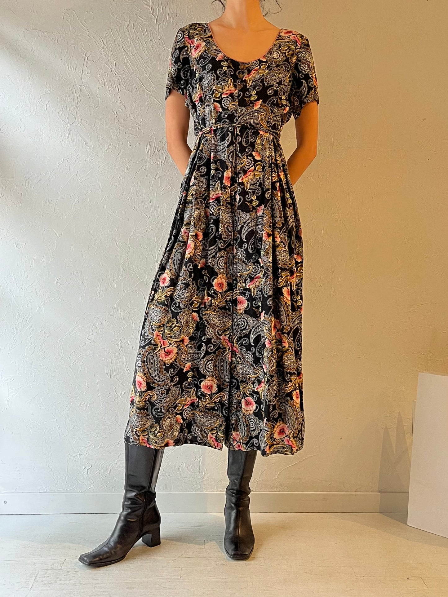 Vintage Handmade Black Paisley Floral Jumpsuit / Small