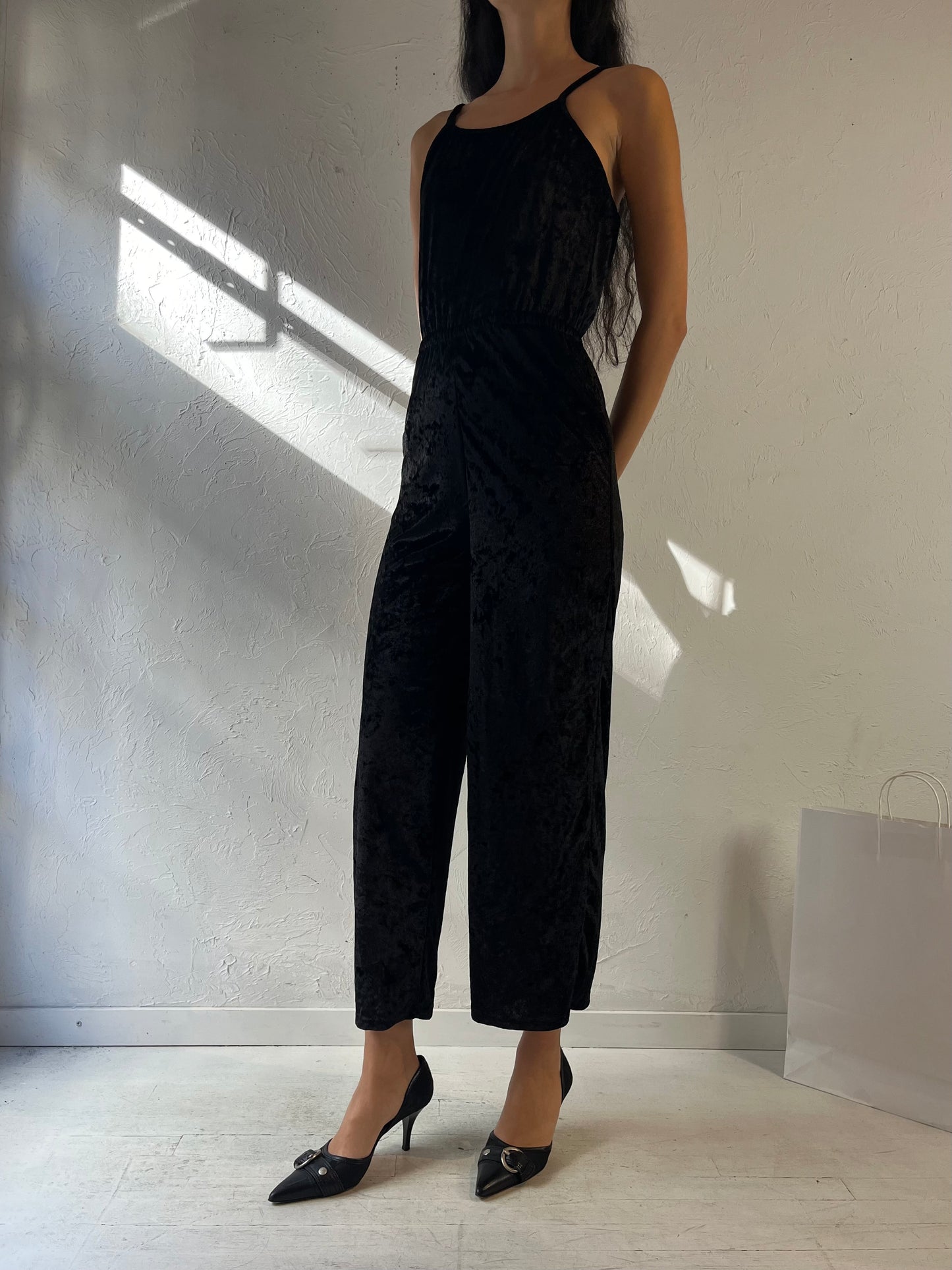 90s ‘Angie’ Black Crushed Velvet Jumpsuit / Small