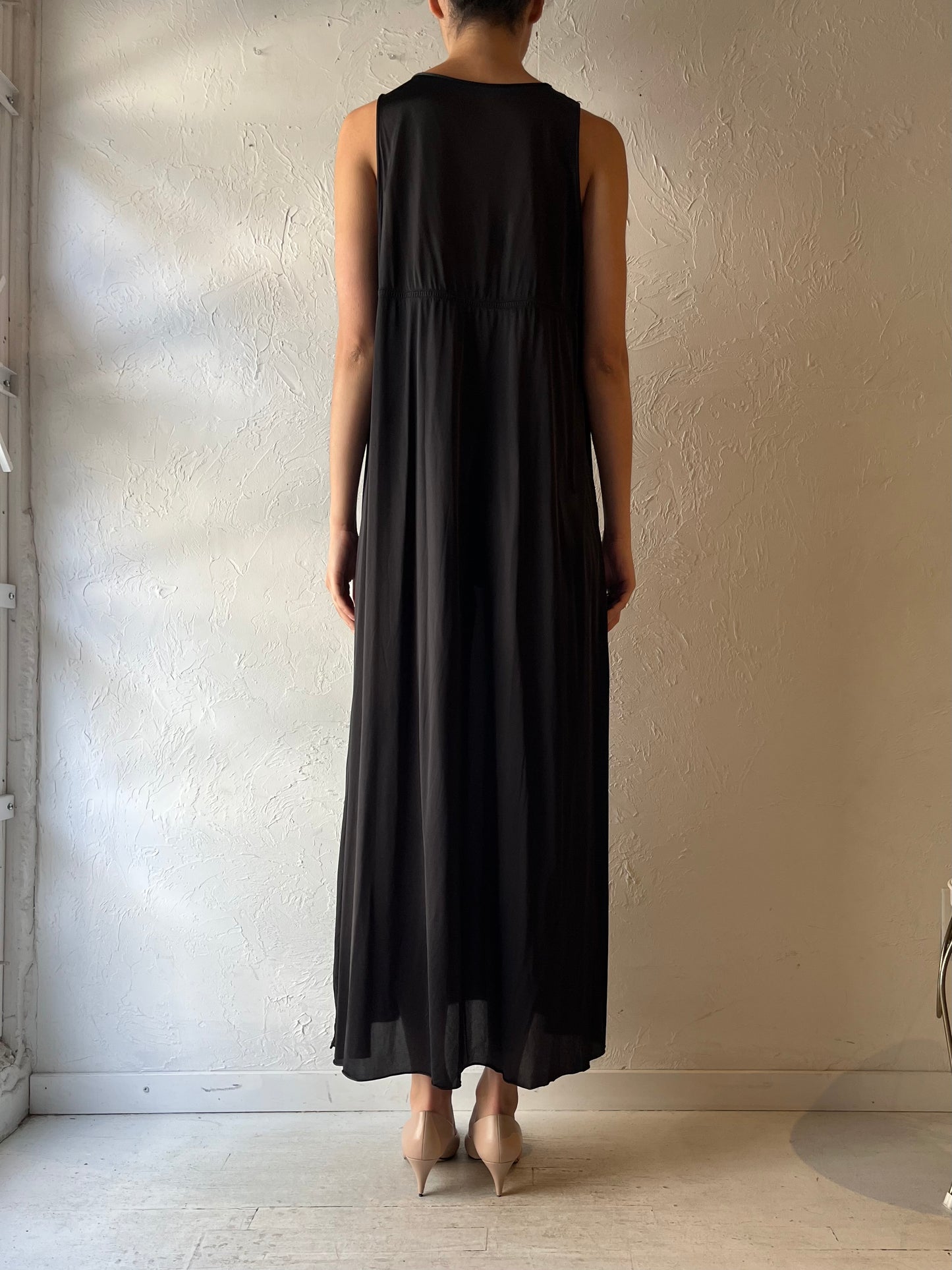 90s Black Nylon Romantic Lingerie Slip Maxi Dress / Large