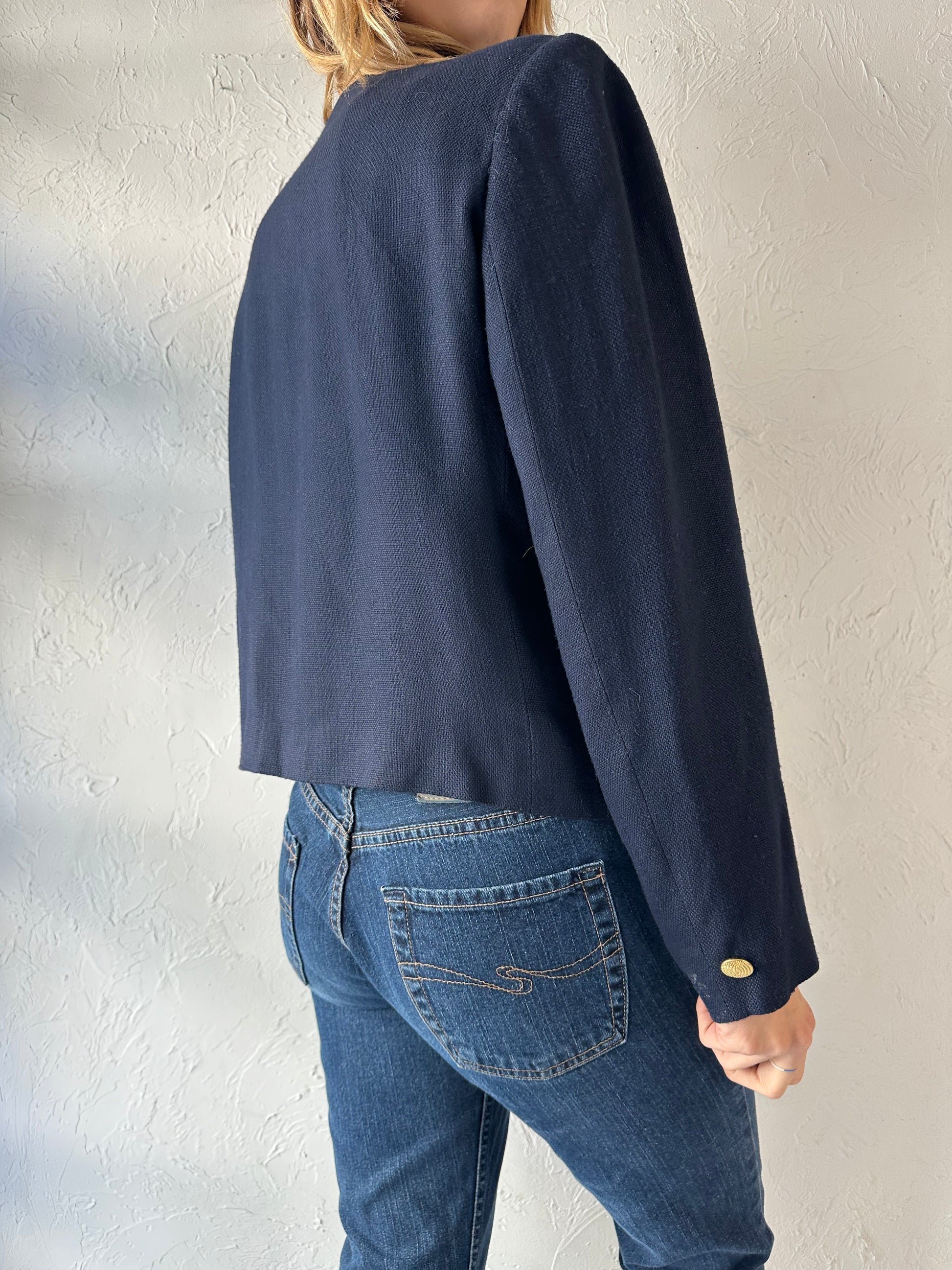 90s 'Appleseeds' Navy Blue Knit Rayon Jacket / Large