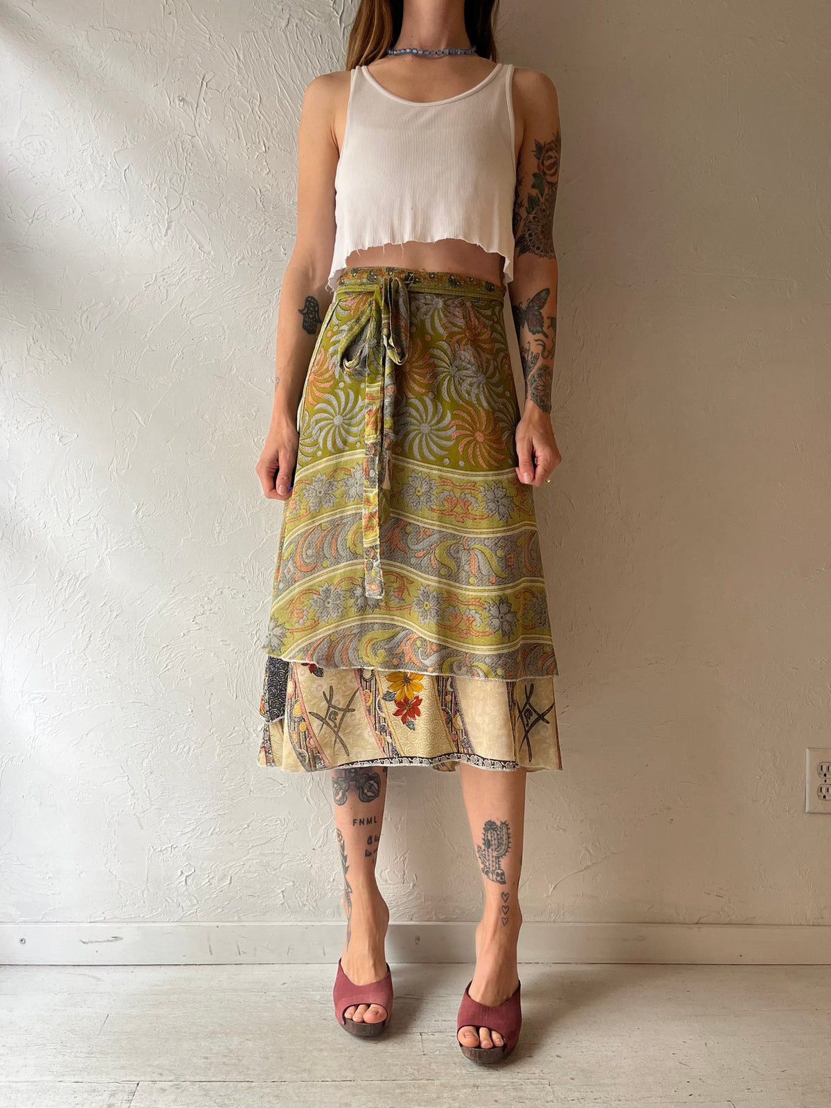 Vintage Y2k Green Floral Silk Hippie Boho Fairycore Wrap Summer Midi Skirt / Small - Medium