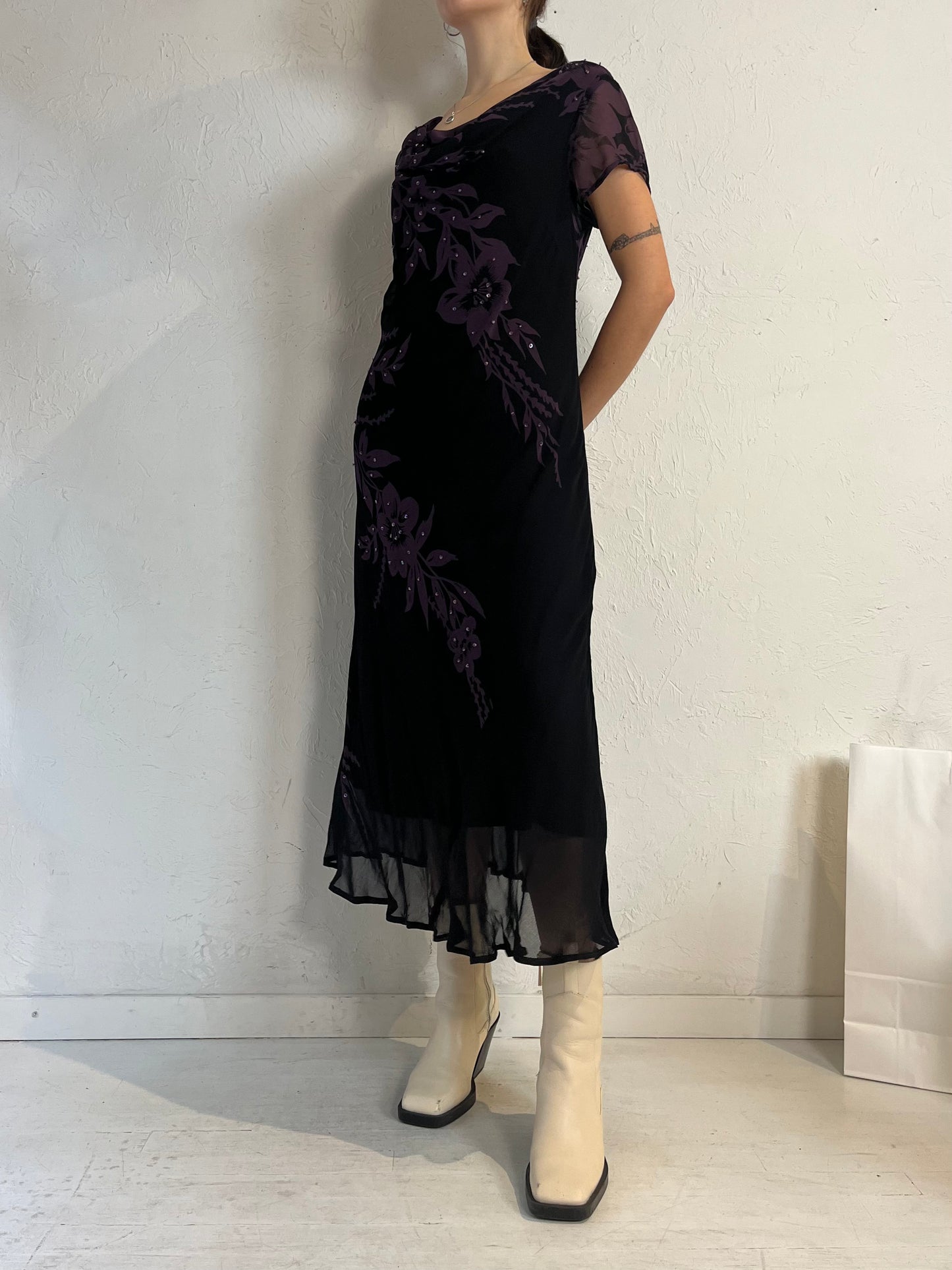 90s 'Jessica' Black Mesh Floral Dress / Medium - Large