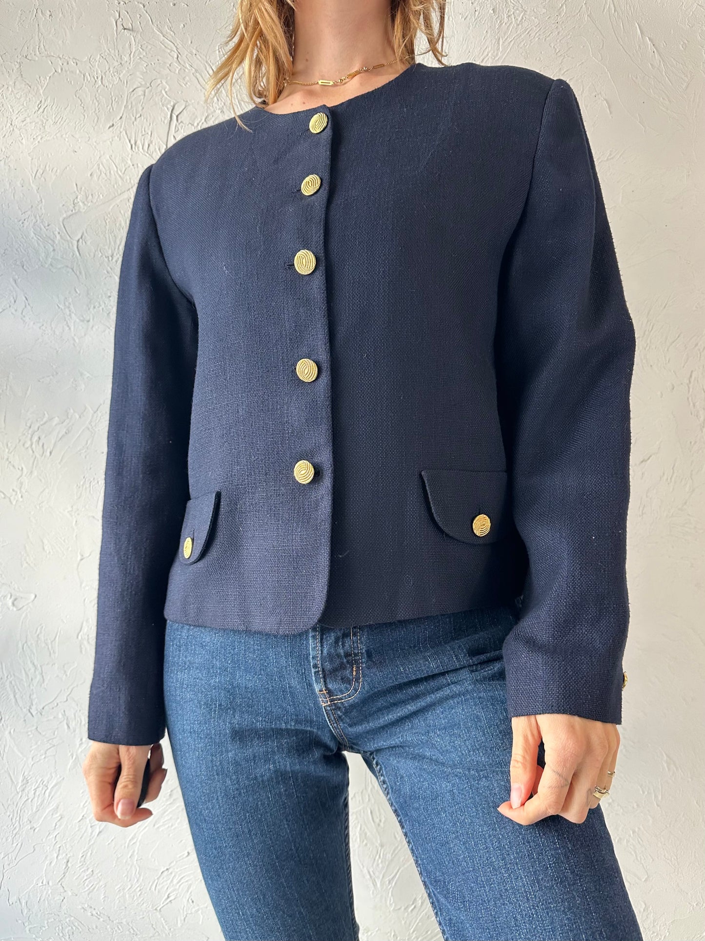 90s 'Appleseeds' Navy Blue Knit Rayon Jacket / Large