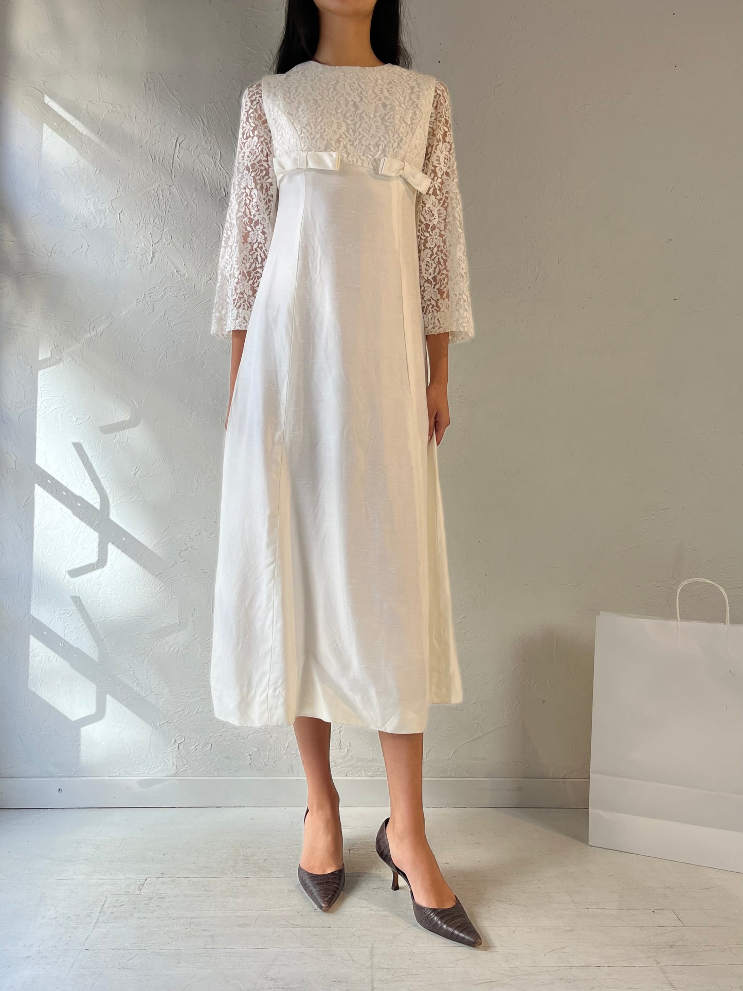 60s Handmade White Long Sleeve Lace Wedding Dress / Small