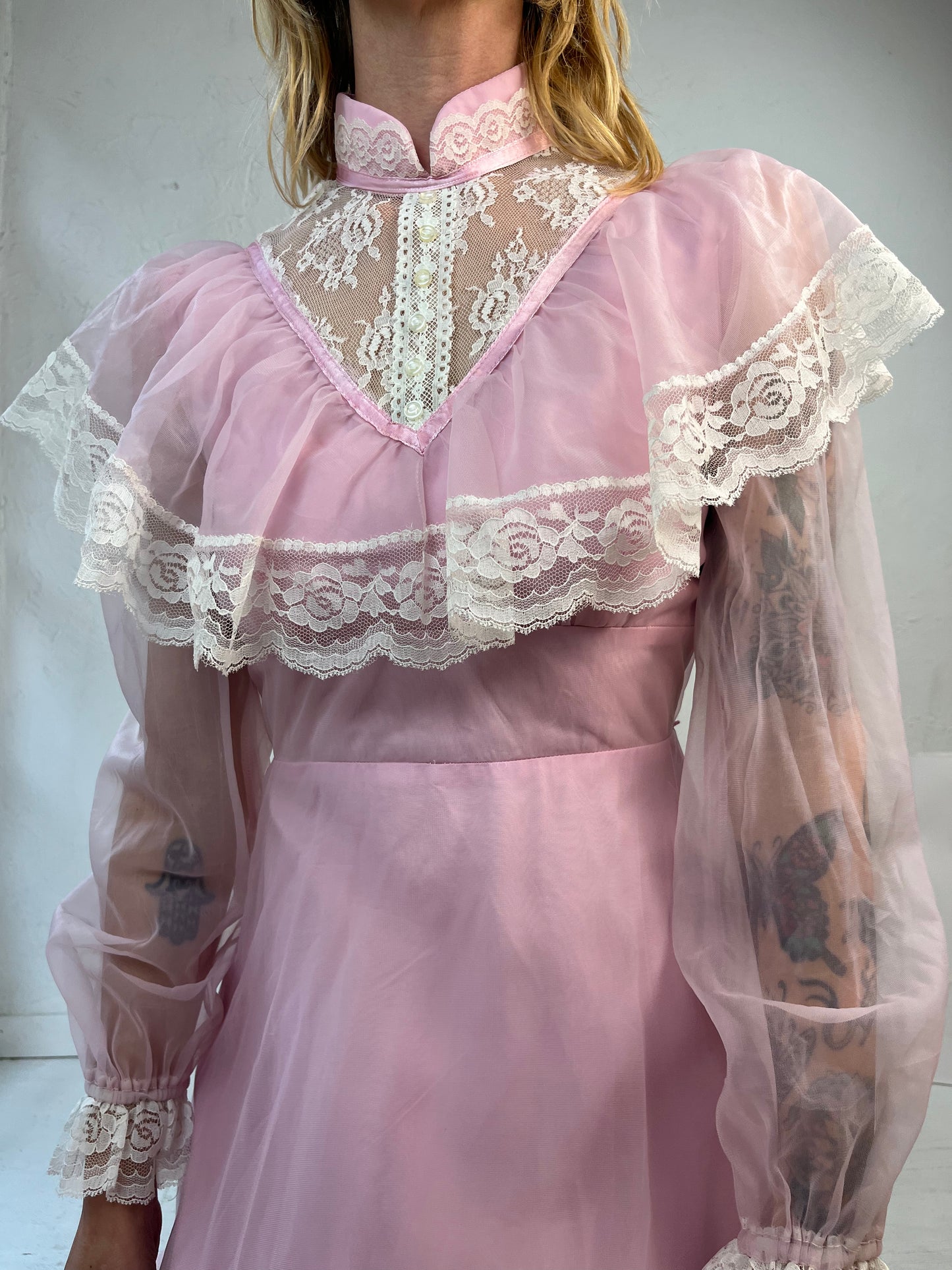 Vintage 1970s Pink Cottage Core Maxi Dress / Union Made / Small