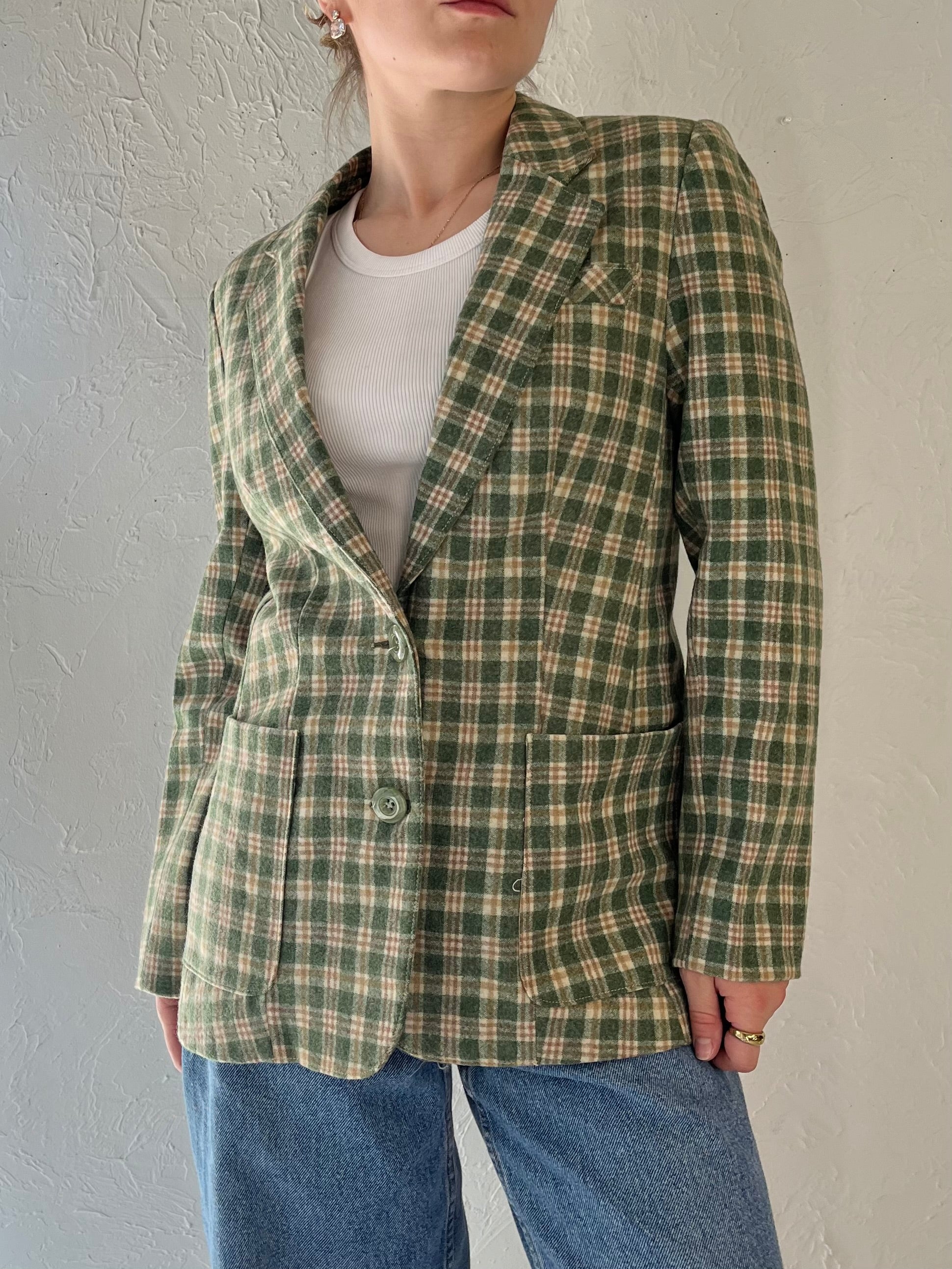Vintage Green Plaid Knit Blazer Jacket / Small