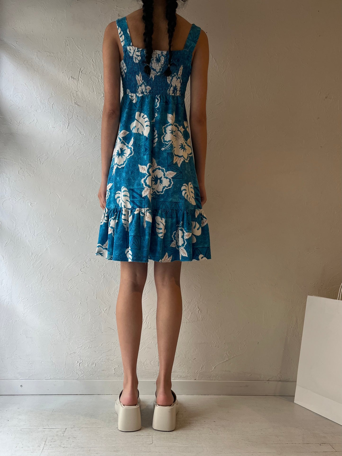 70s Blue Hawaiian Print Mini Dress / Small