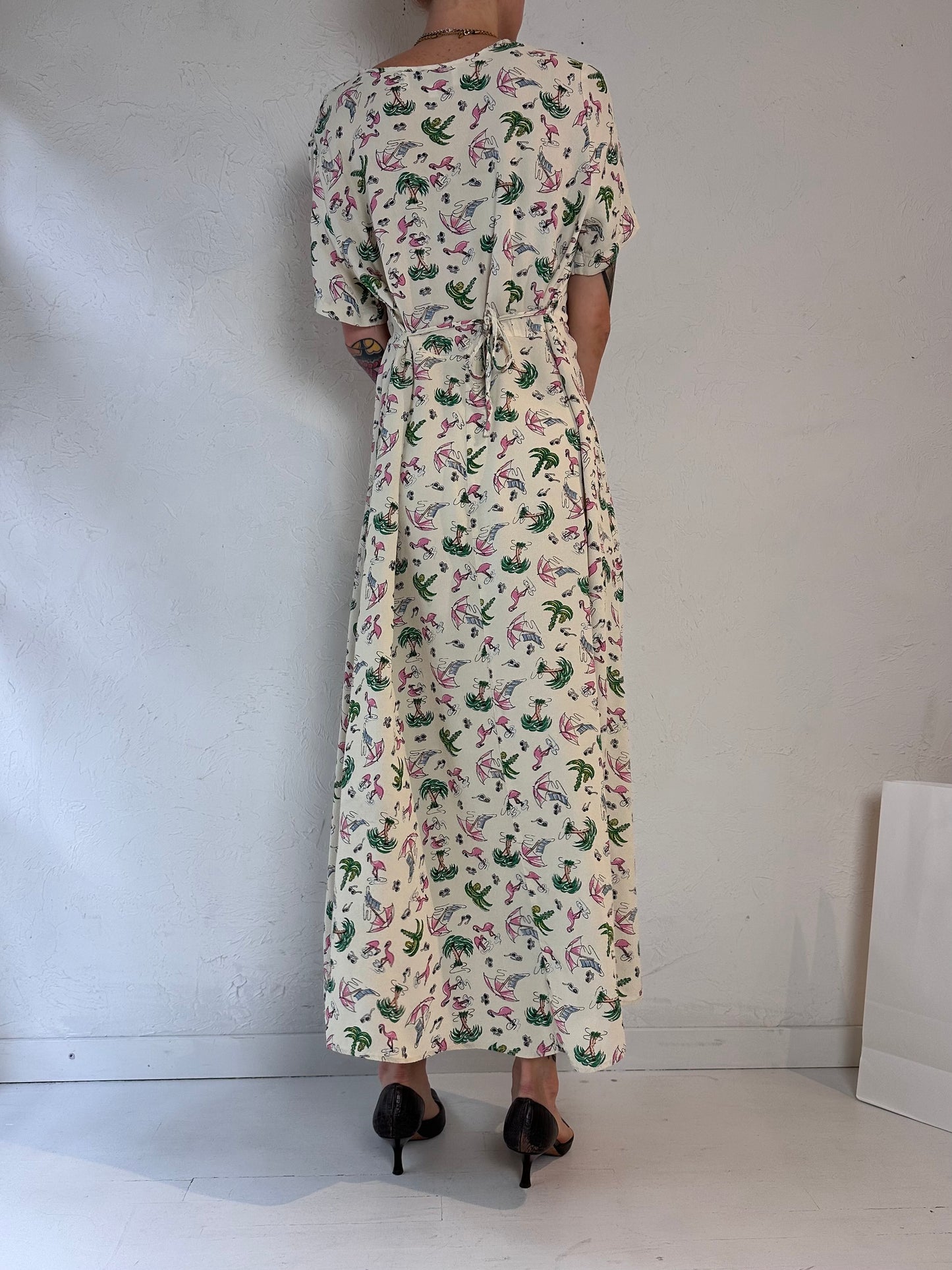 90s 'Kamellia' Flamingo Print Dress / Medium