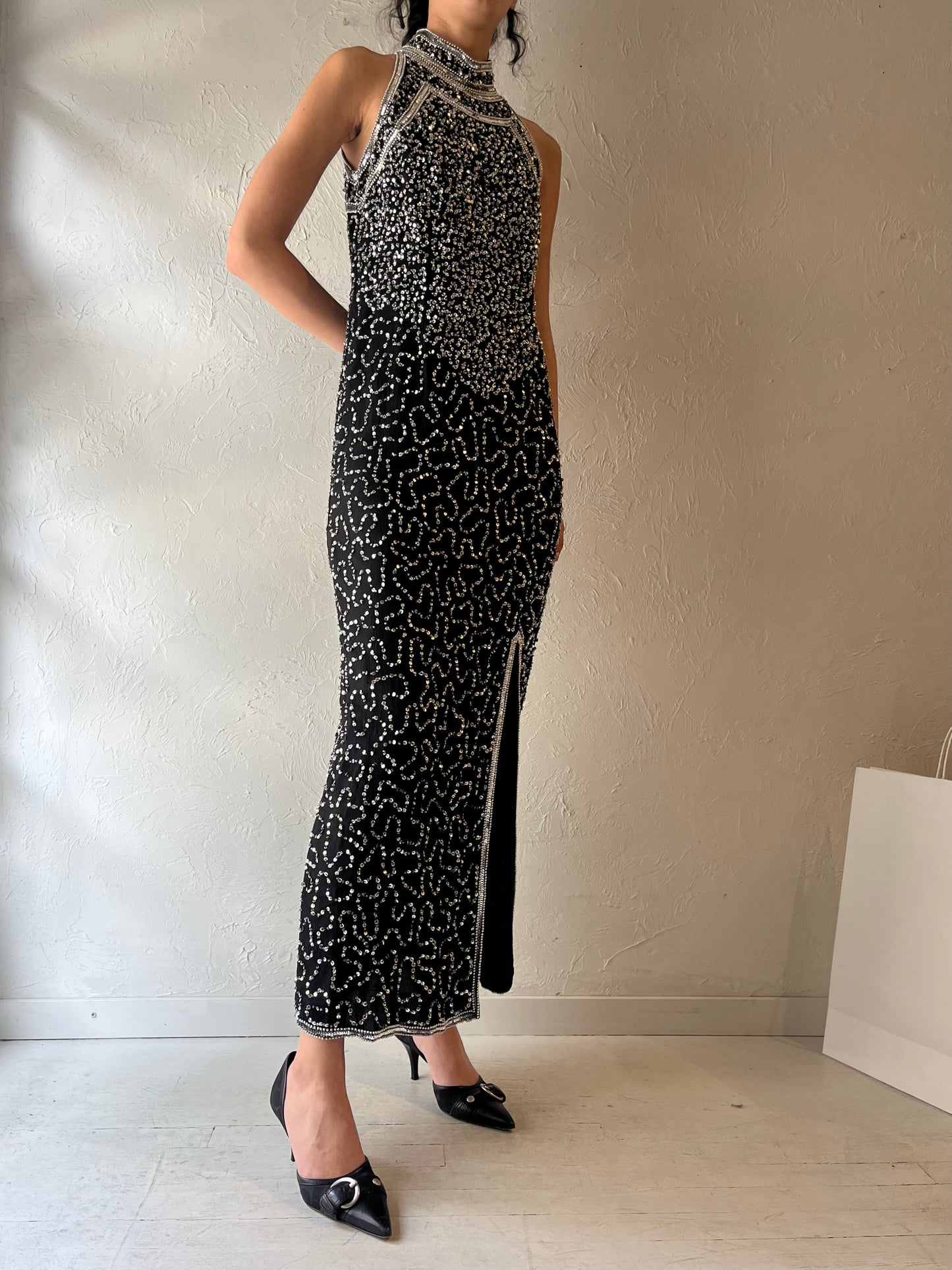 90s ‘Laurence Kagar’ Black Beaded Gown / Large