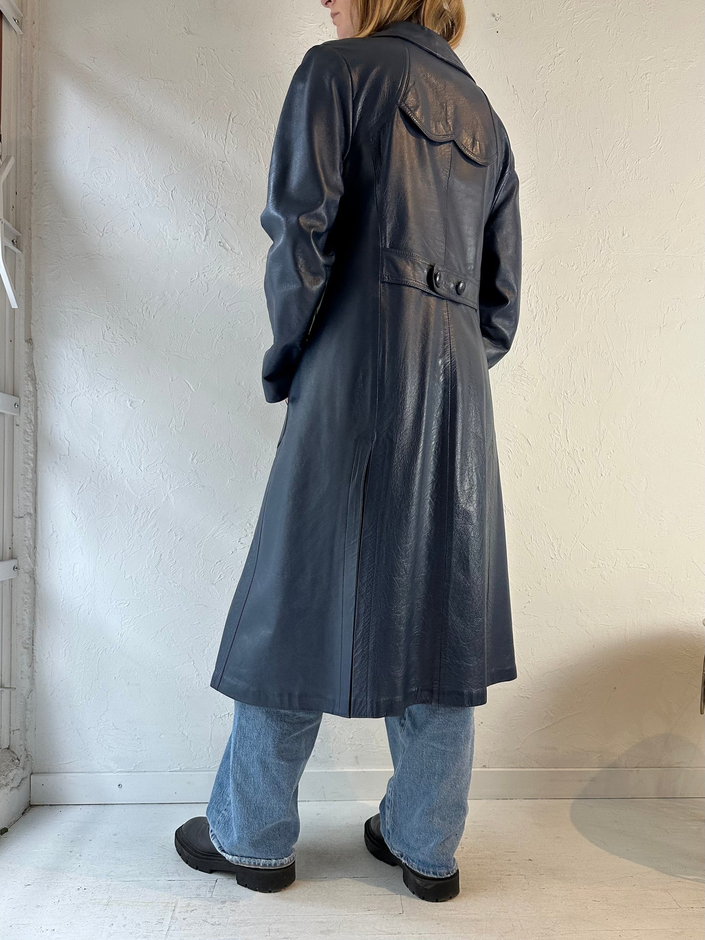 70s ‘Leather Factory’ Blue Leather Trench Coat / Medium