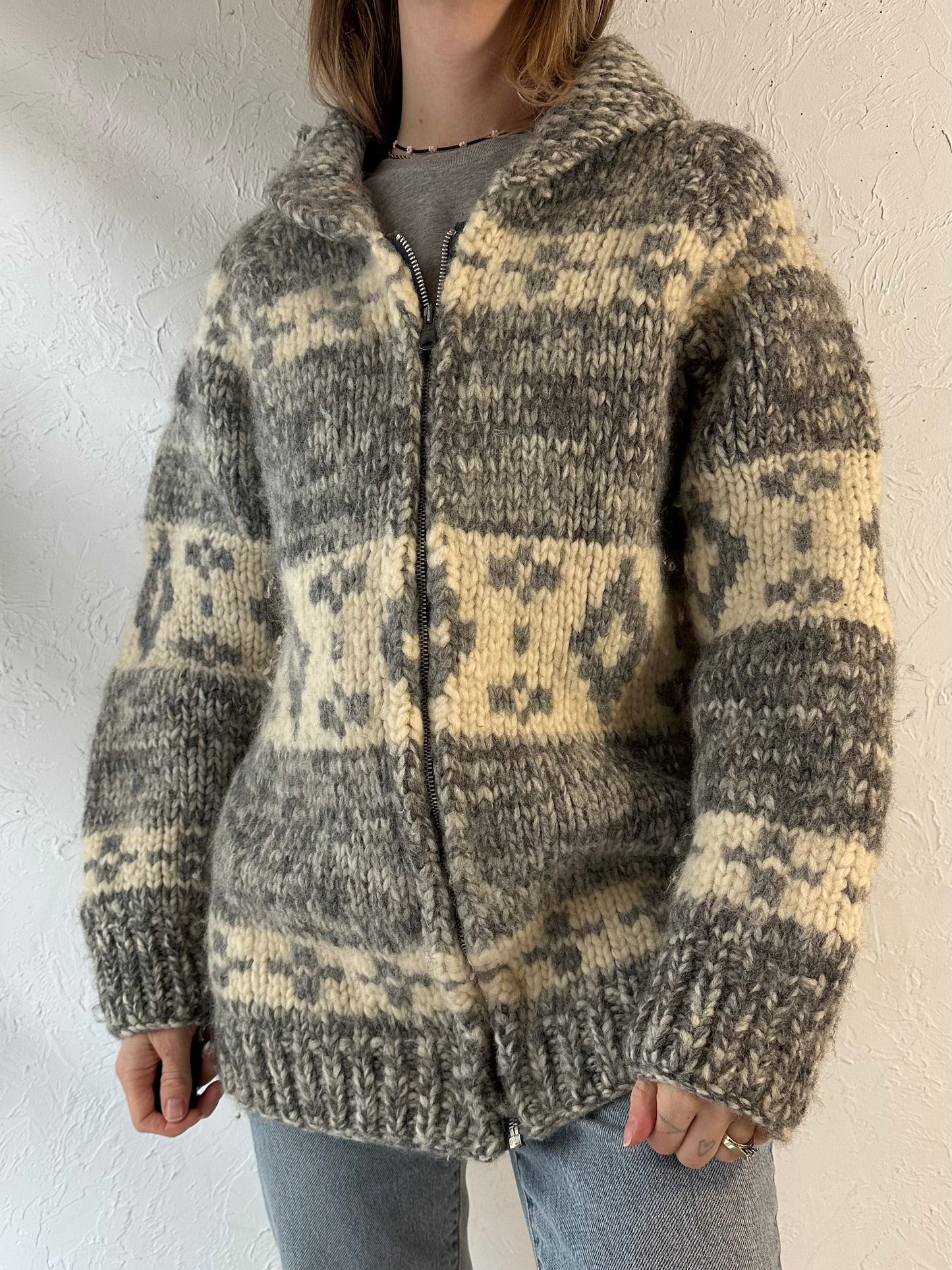 Vintage Hand Knit Gray Wool Zip Up Sweater / Medium