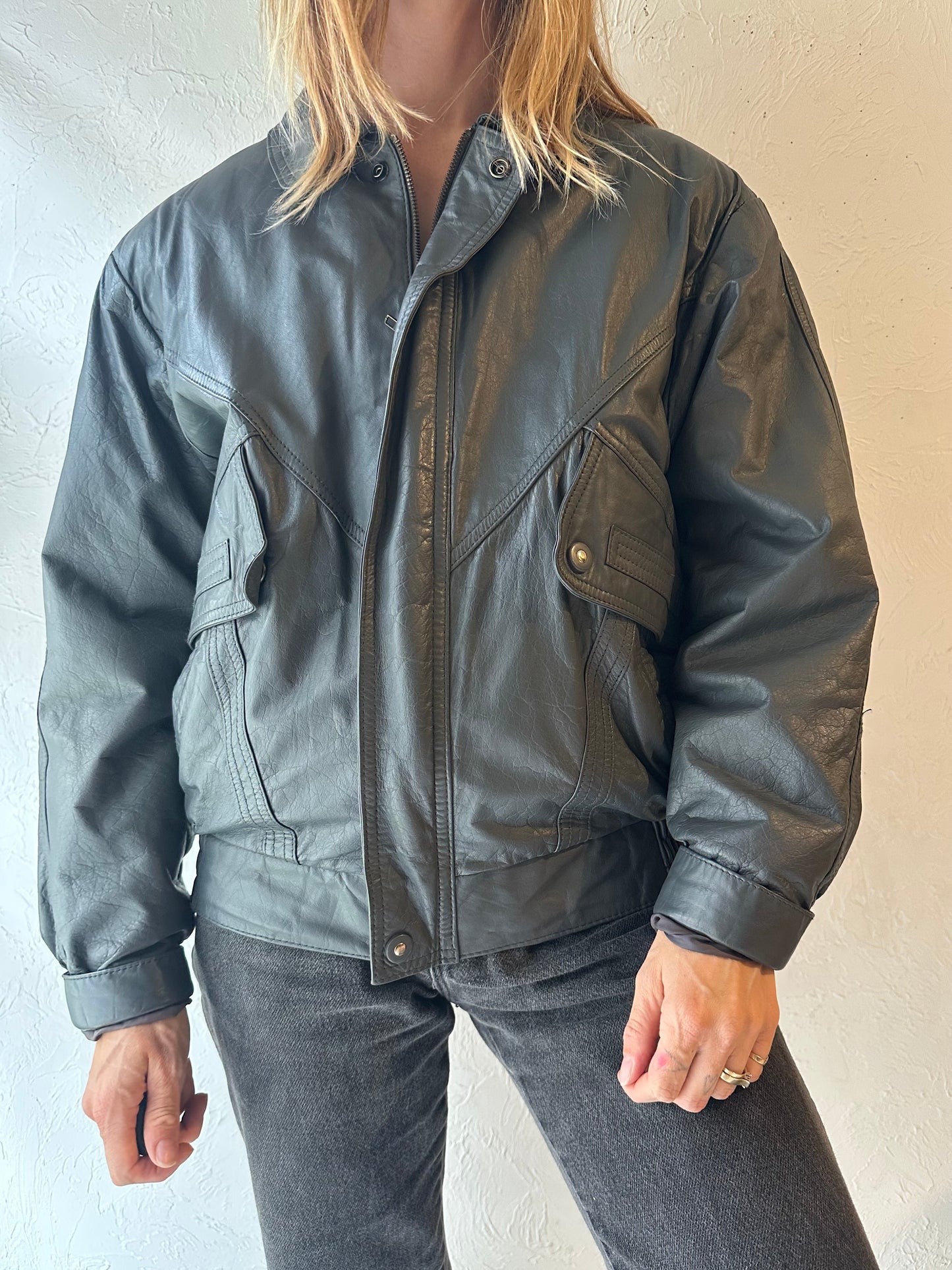 90s ‘Boulevard Club’ Gray Leather Bomber Jacket / Medium