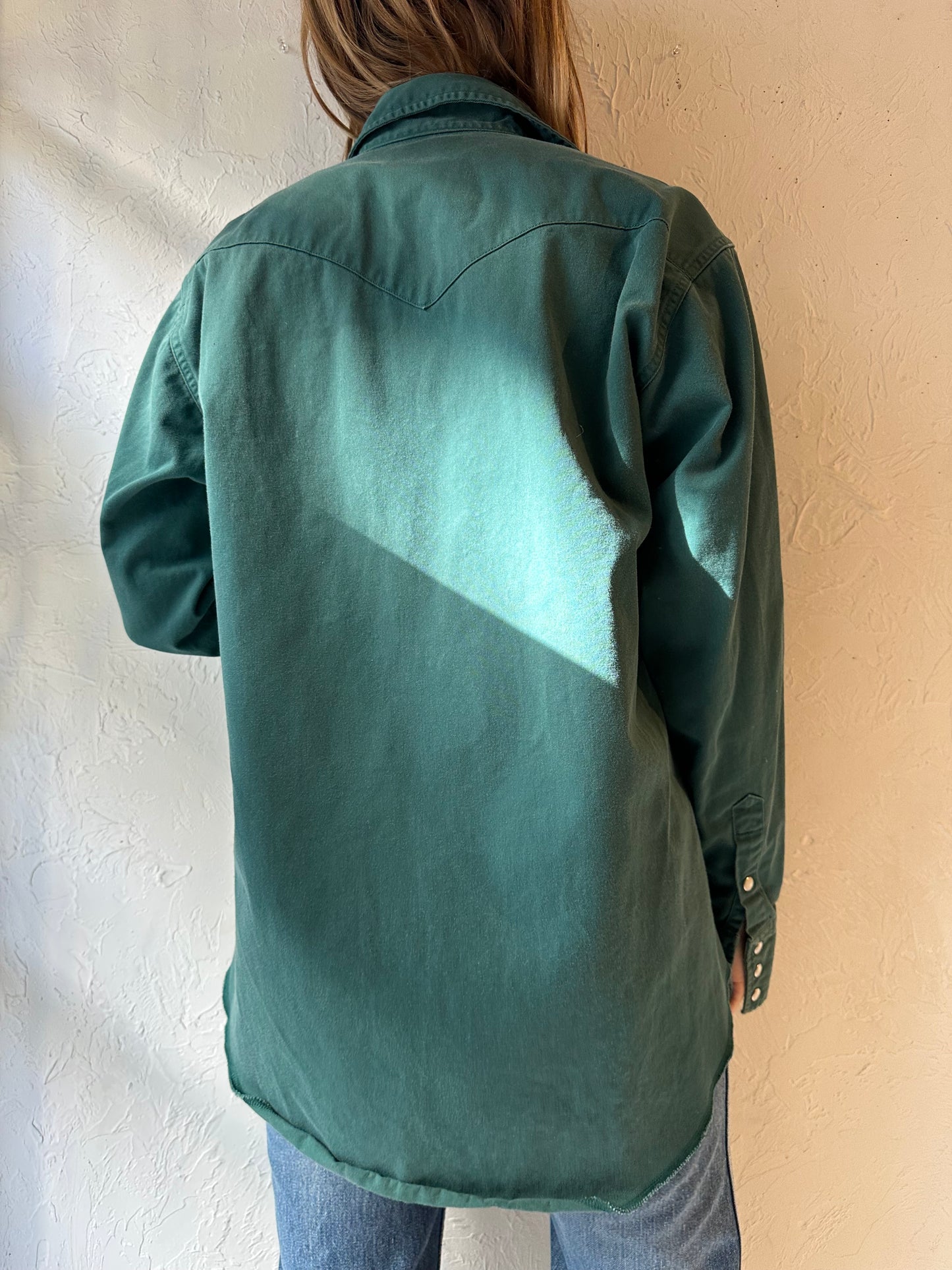 Y2k 'Wrangler' Green Thick Cotton Pearl Snap Shirt / Medium