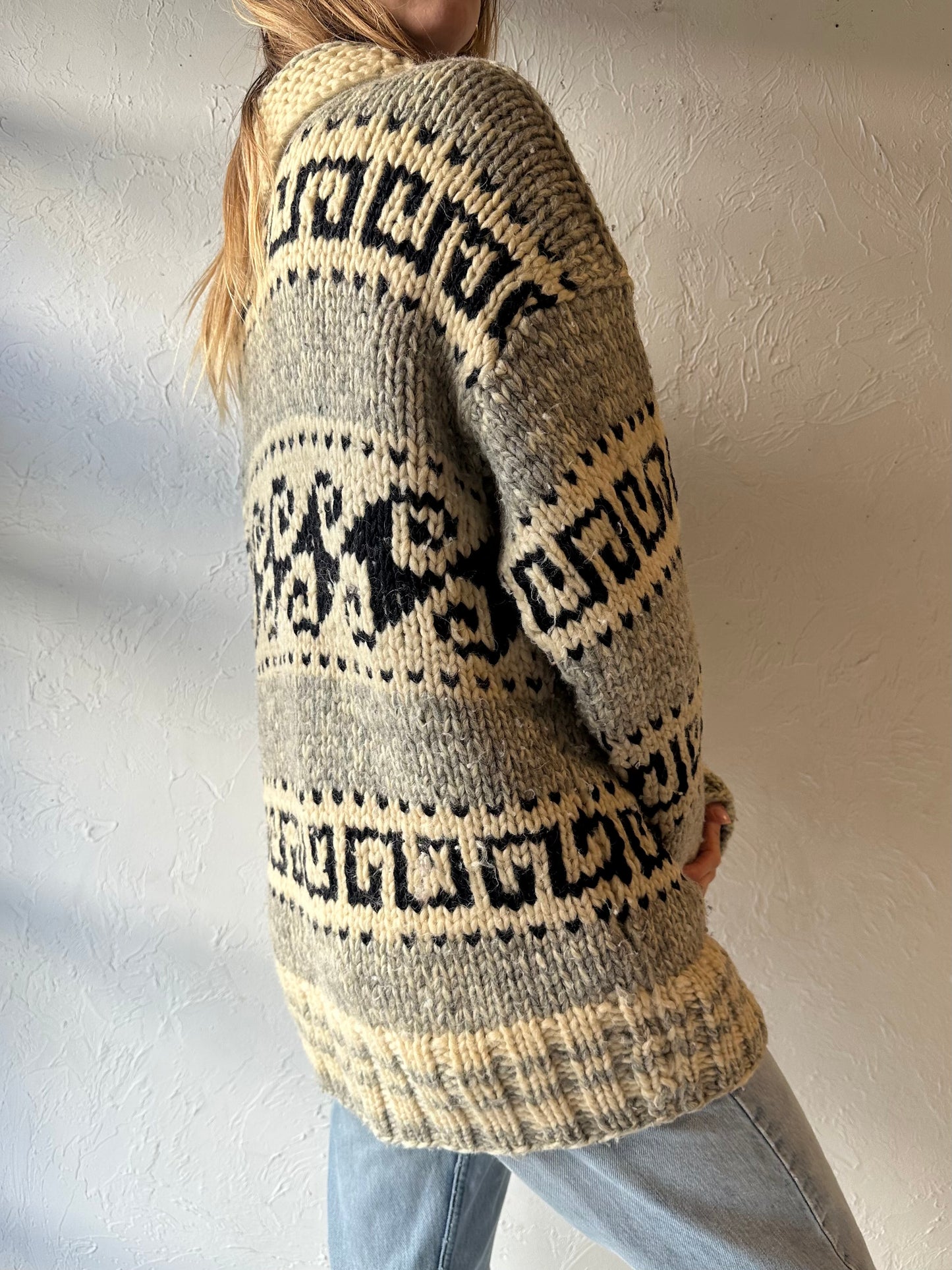 70s Hand Knit Wool Zip-Up Sweater / Large