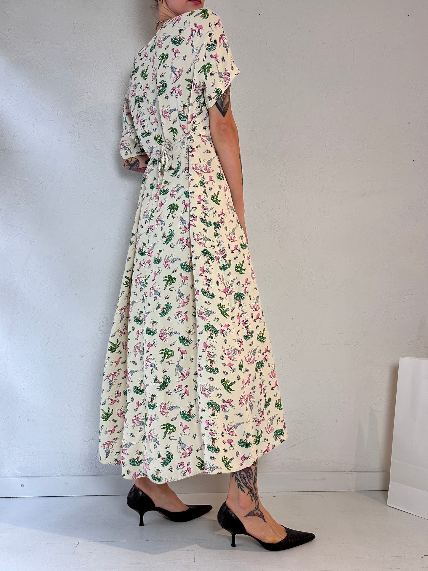 90s 'Kamellia' Flamingo Print Dress / Medium